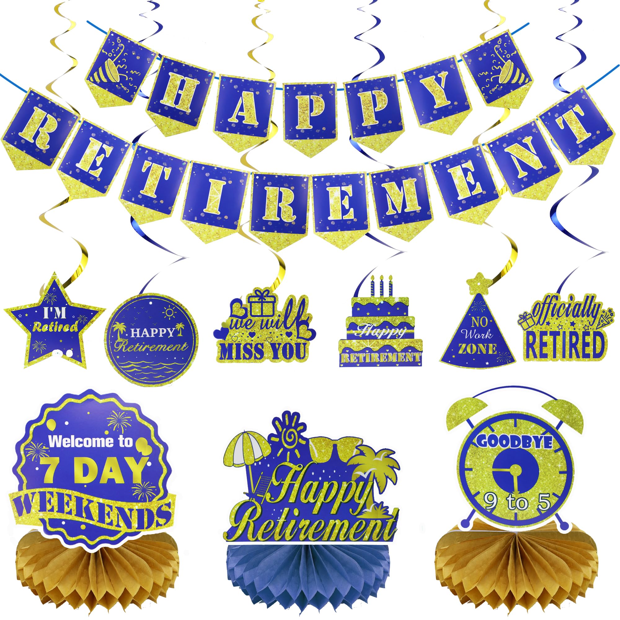 Photo 1 of 16Pcs Retirement Party Decorations for Women Men, Blue Gold Retirement Decorations - Happy Retirements Banner, Hanging Swirls, Table Decor - Retired Farewell Party Decor Supplies