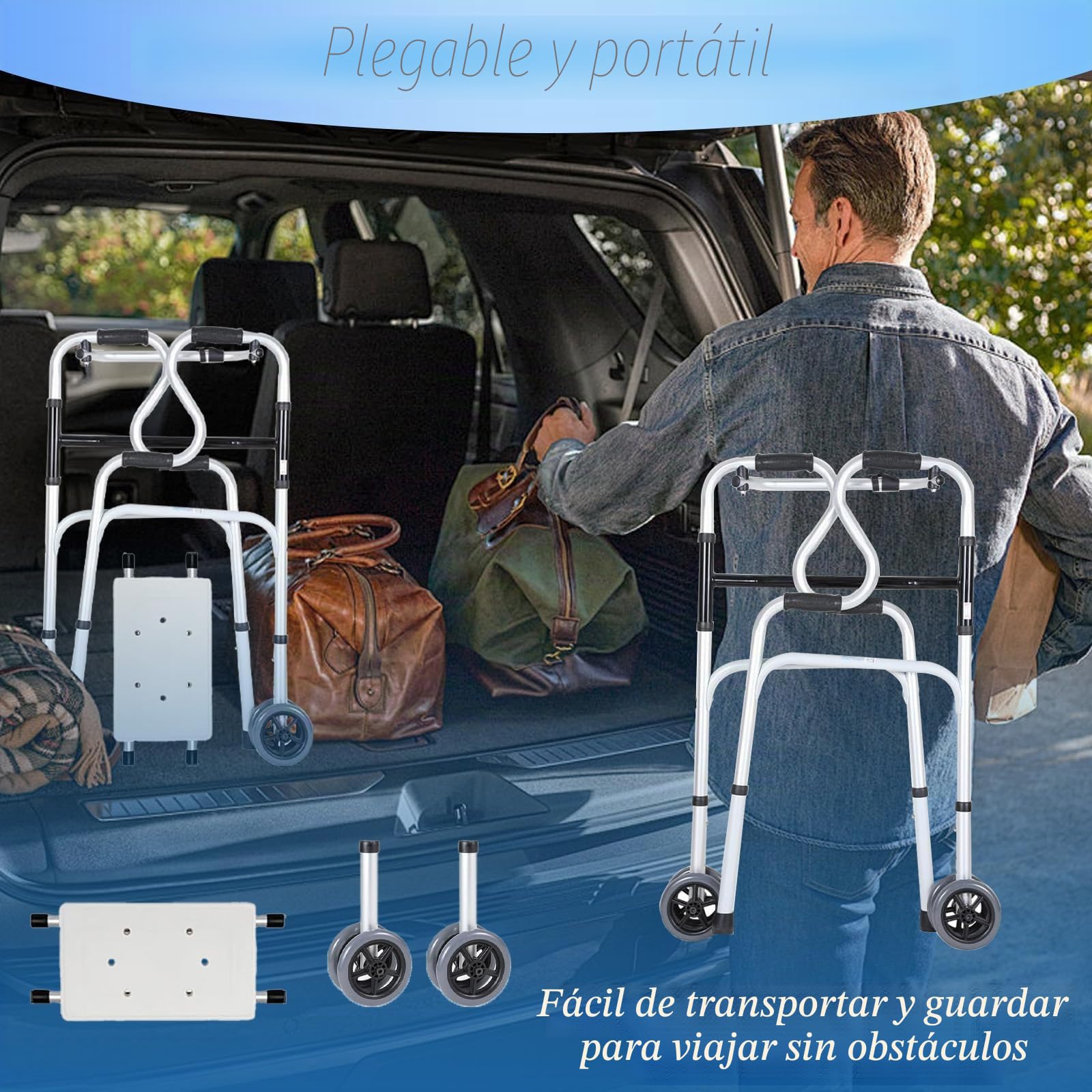 Andador para personas mayores, andador de aluminio regulable en altura con 2 ruedas giratorias, andadores plegables portátiles, andador con 6 posiciones de altura y asiento desmontable, hasta 150 kg