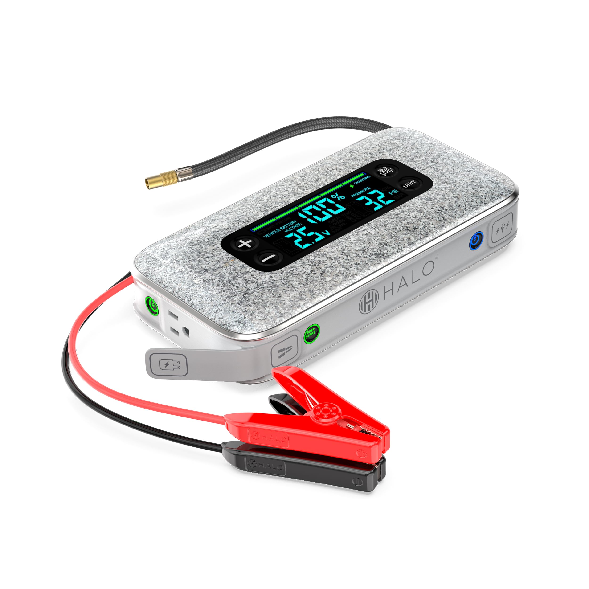 Halo Bolt Ultimate 3 Portable Car Battery Jump Starter | 130 PSI Air Compressor, 55.5Wh USB Power Bank, Large Display, Emergency Floodlight & Charger, Jumps Cars SUVs & Trucks, Inflates Tires — Grey