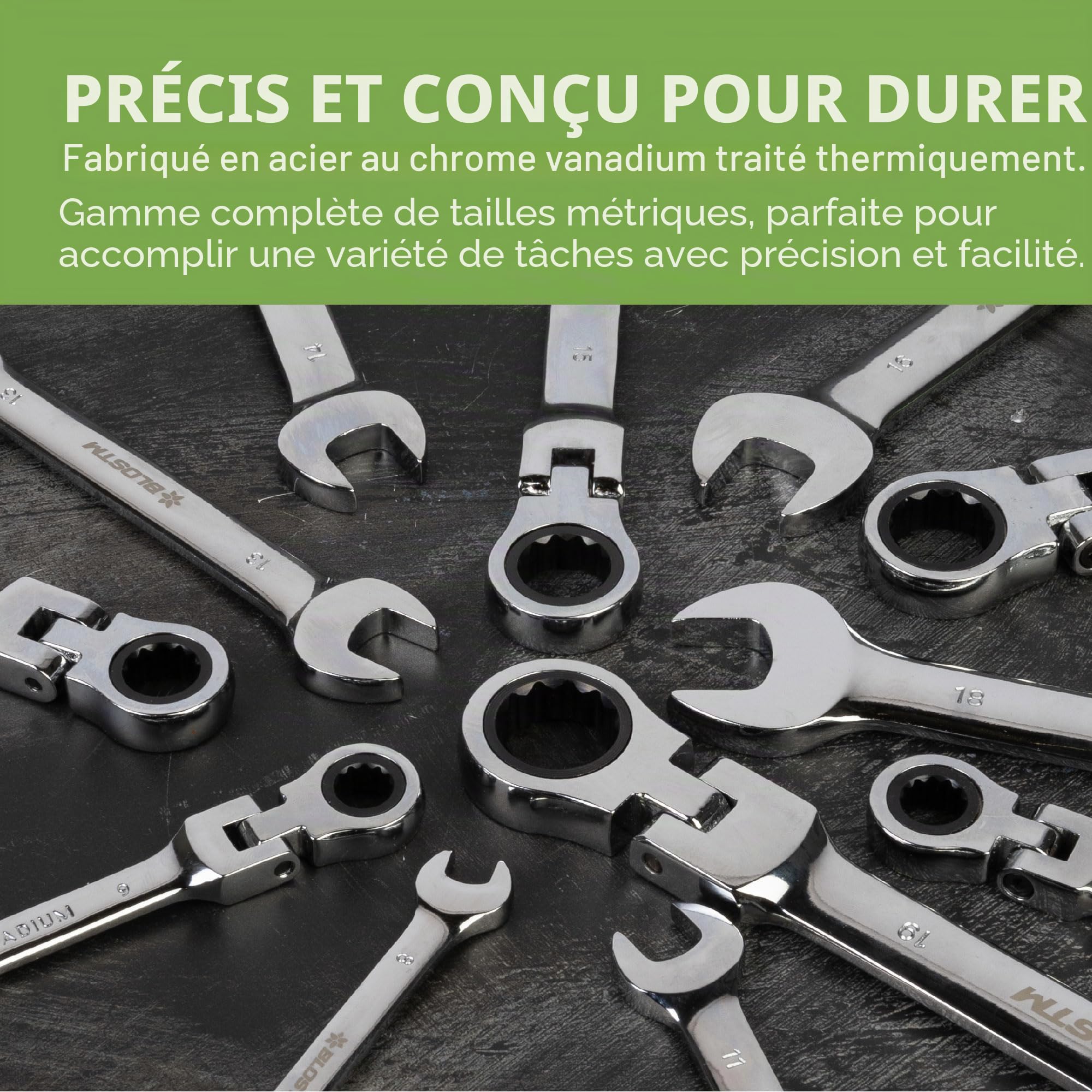 BLOSTM Jeu de clés à cliquet flexibles 8-19 mm | Tête flexible à 180°, pour bricolage et réparation - Avec pochette de rangement rétractable