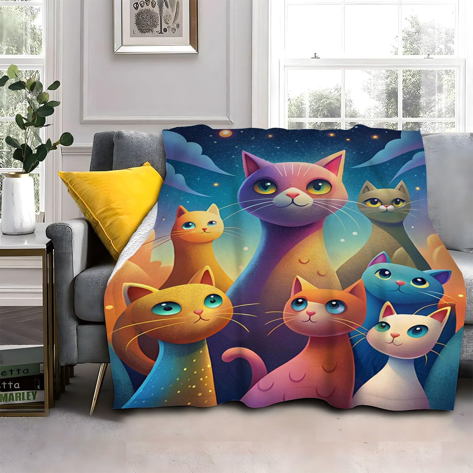LLSZAHD Colourful Cat Double Size Throws Blanket Animals Comfort Soft Sofa Bed Flannel Blanket 128x152cm, Modern Fashion Design Style Children Adults Bedroom Decor - Travel Blankets 50"x60"