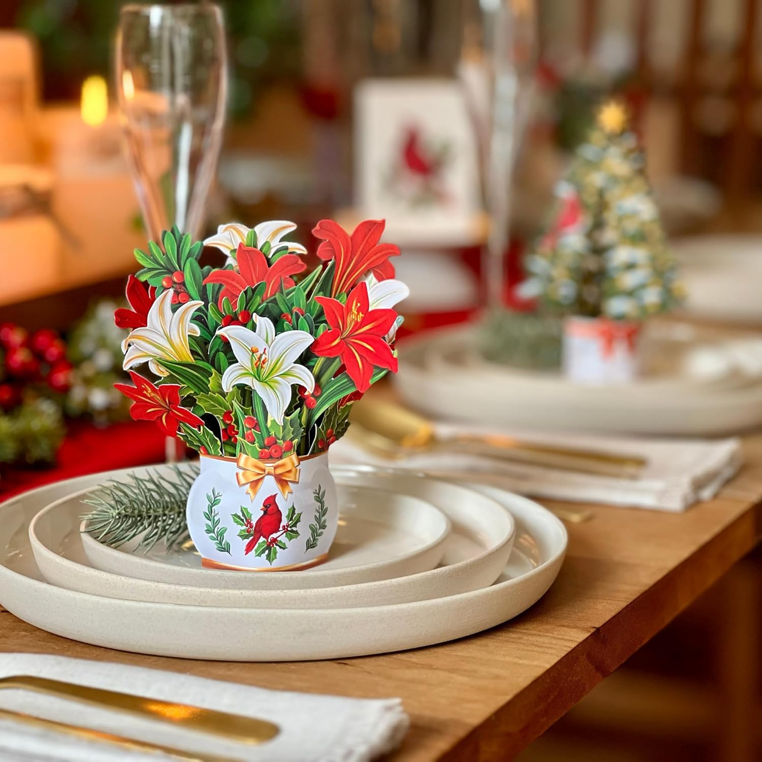 Freshcut Paper Pop Up Cards, Mini Winter Joy, 6 inch Mini Sized Paper Flower Bouquet 3D Popup Greeting Cards, Christmas Card, Holiday Card, Blank Notecards & Envelopes, Pack of 5