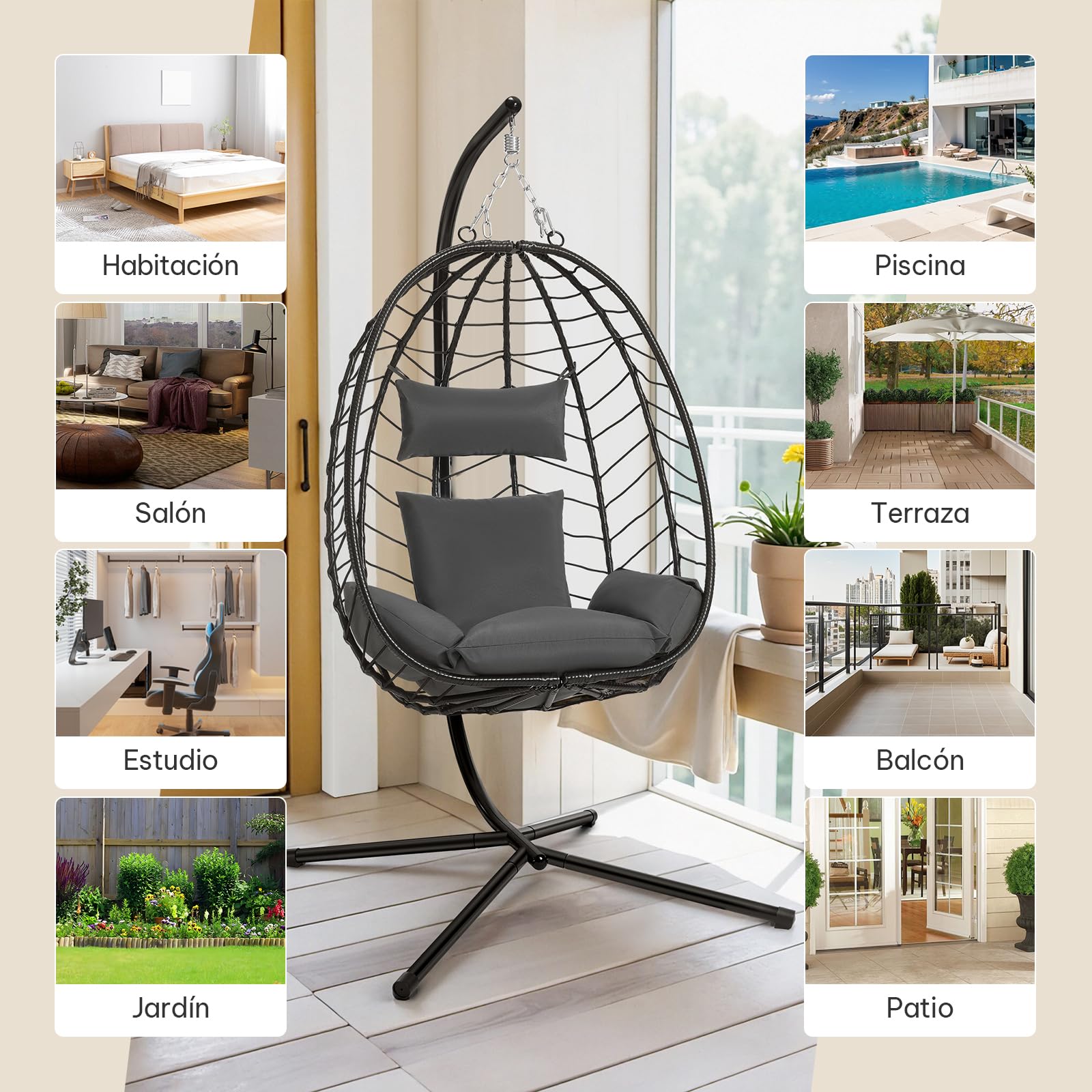 Laneetal Silla Colgante, Silla Huevo con Soporte, Columpio con Cojín y Reposacabezas, Carga 150 kg, PE Aspecto Ratán, Estructura de Metal, para Jardín Patio Terraza 102x100x196 cm, Gris Oscuro