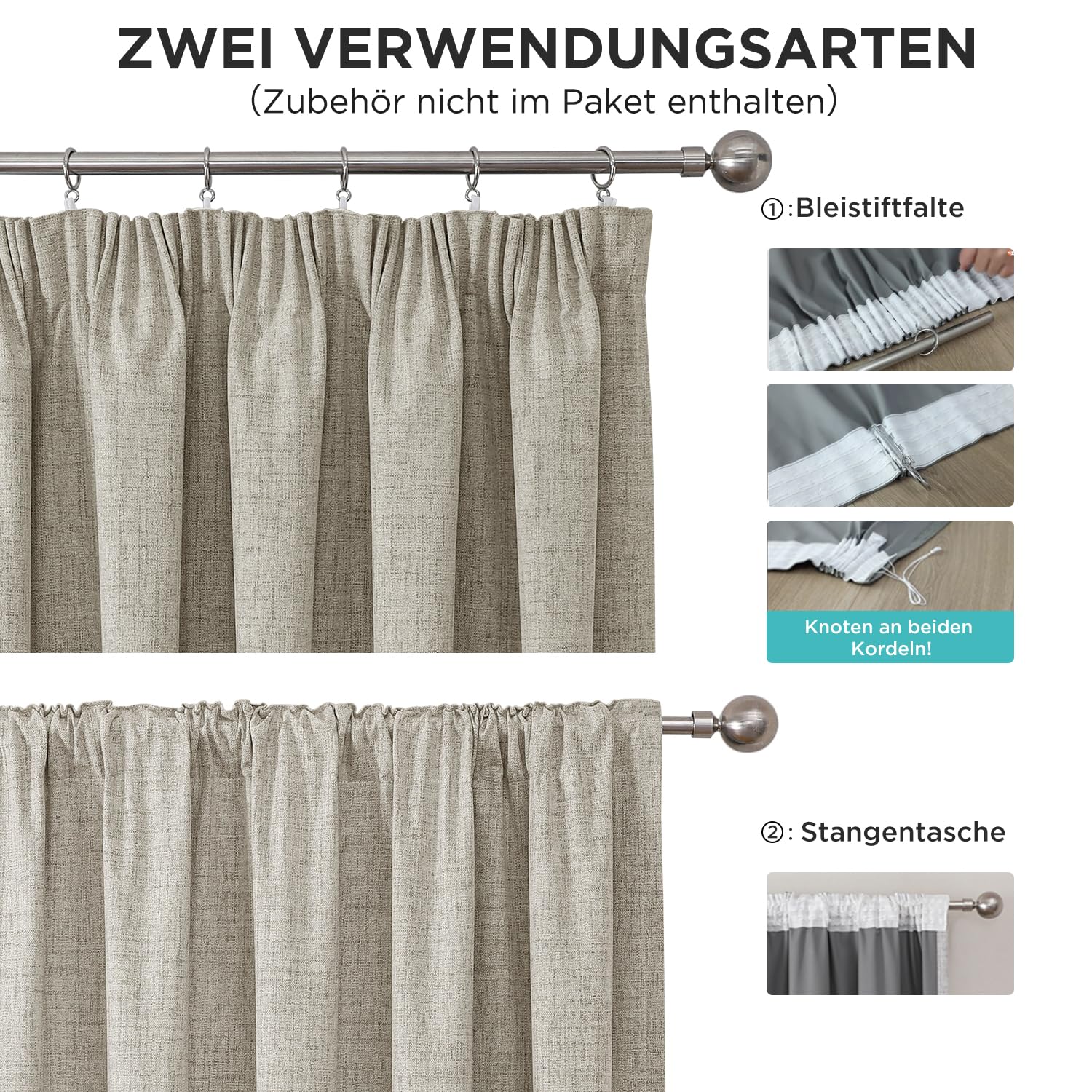 Joydeco 100% Verdunkelungsvorhänge Leinen Gardinen mit Kräuselband 2er Set H183xB132cm Leinen – Bild 2