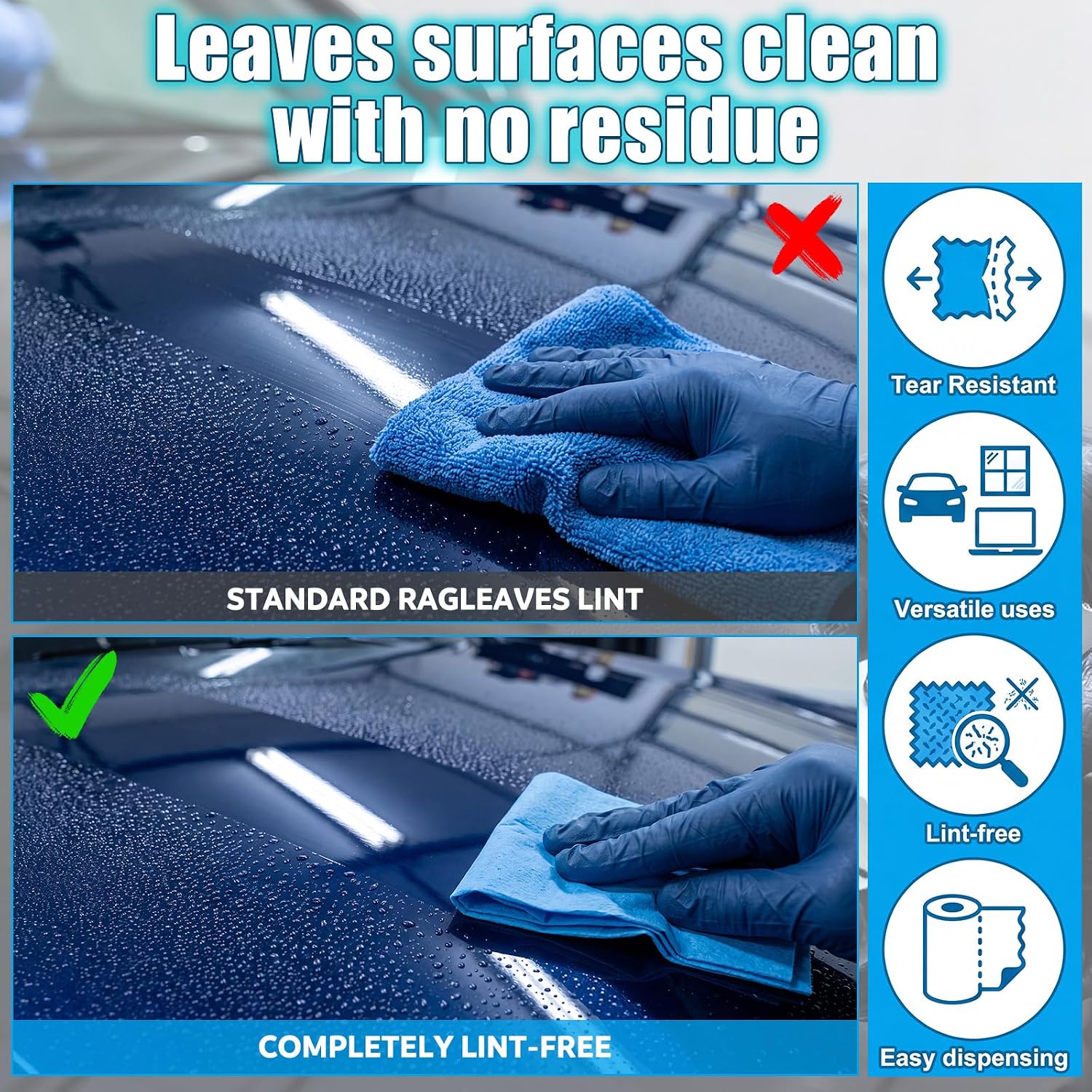 HunnmingRe 300 Pcs Lint Free Cleaning Towels 14" x 12" Heavy Duty Blue Disposable Shop Lint Free Towels Bulk High Absorbency All-Purpose Cleaning Cloths for Car Auto Industrial Maintenance Home Use