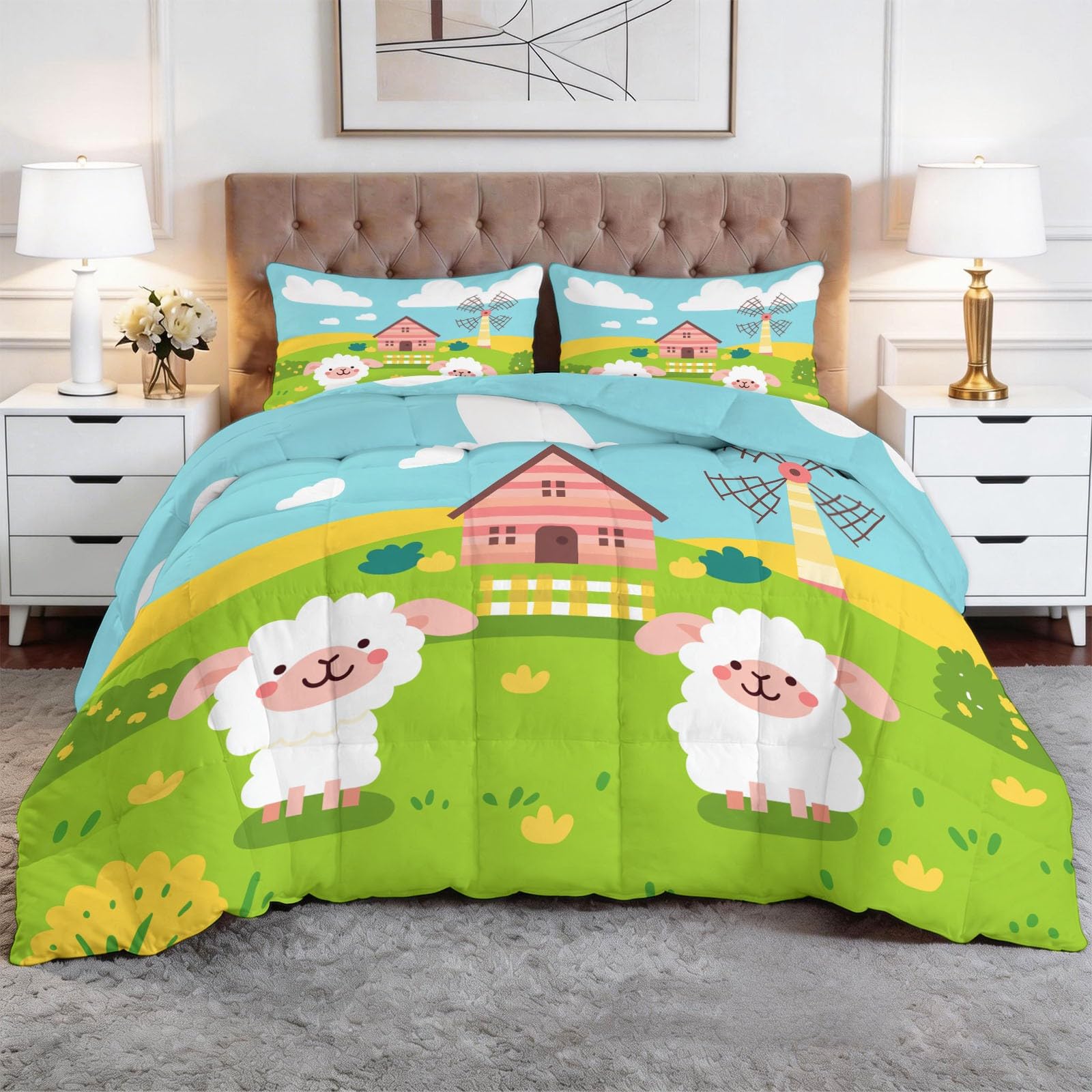 Couette 160x200 cm verte sans housse avec 2 taies d'oreiller lit 2 personnes
