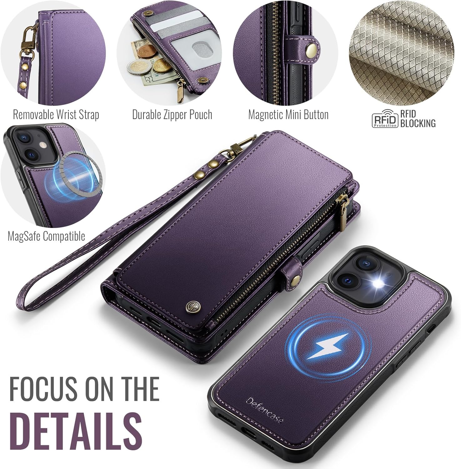 Defencase for iPhone 12/ Pro Magnetic Wallet Case Compatible with Magsafe with RFID Blocking Zipper Strap Card Holder for Women, PU Leather Detachable Case for iPhone 12 & 12 Pro 6.1 inches, Purple