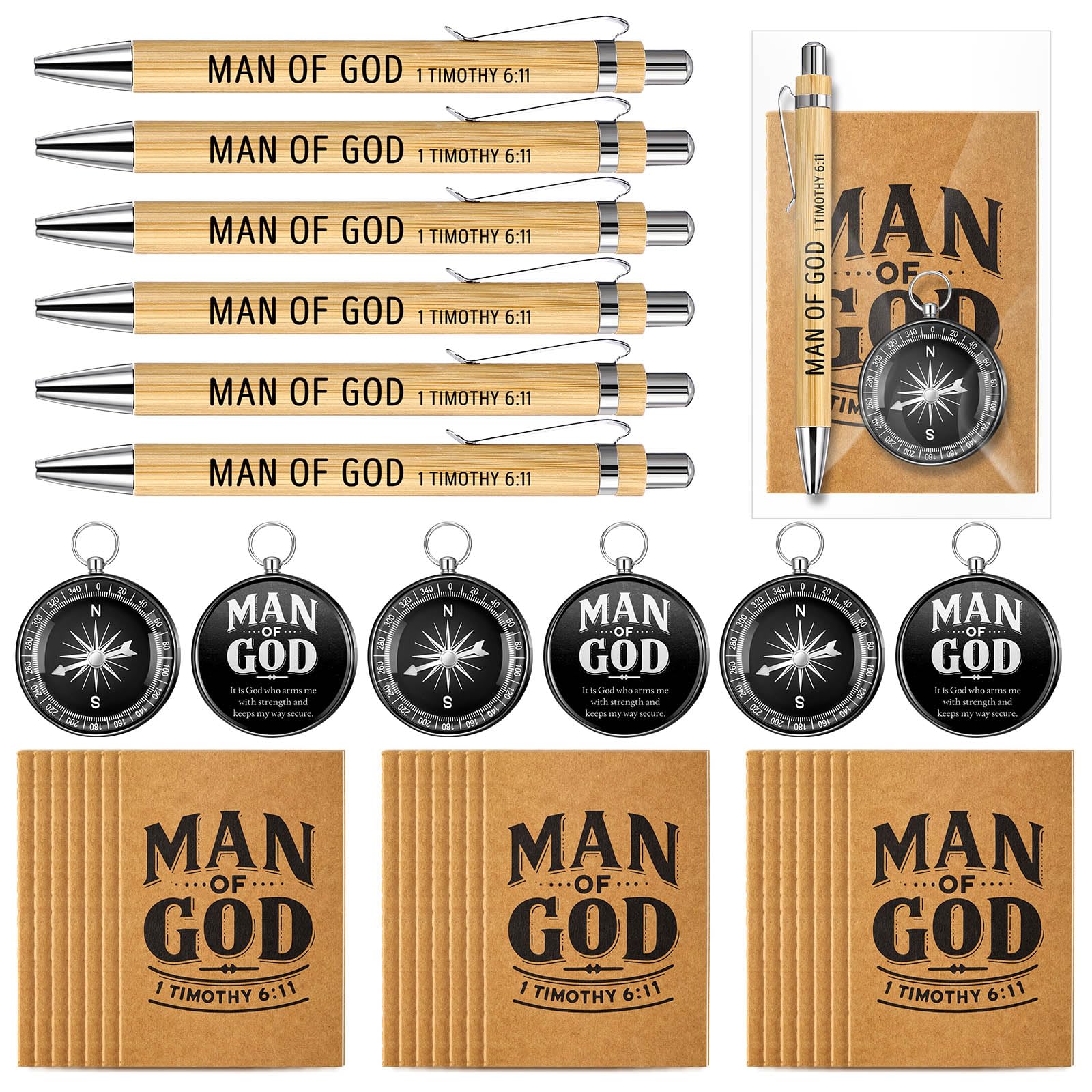 Chiisong 25 Set Man of God Gifts Include 25 Christian Mini Compass, 25 Religious Notebooks, 25 Bamboo Ballpoint Pens for Father's Day Pastors Church