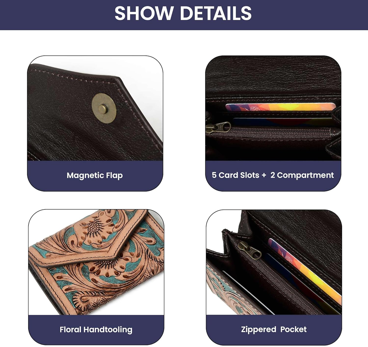 Merbaa Canyon Country Cowhide Tooled Leather Trifold Wallet with Multiple Card Slots - Image 4