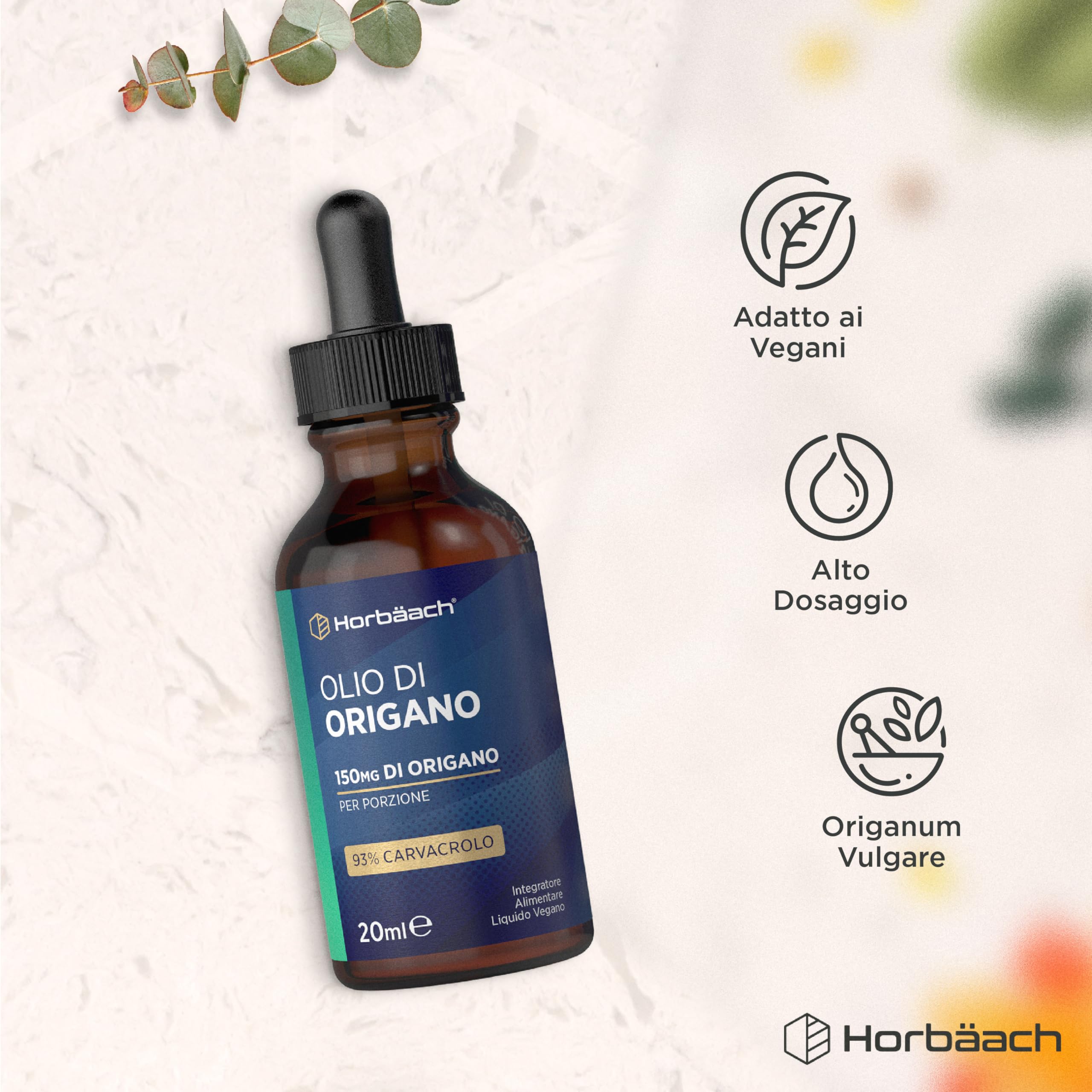 Olio di Origano Gocce | 100% Puro | Alto dosaggio di Carvacrolo | 20 ml | Vegano | Horbaach
