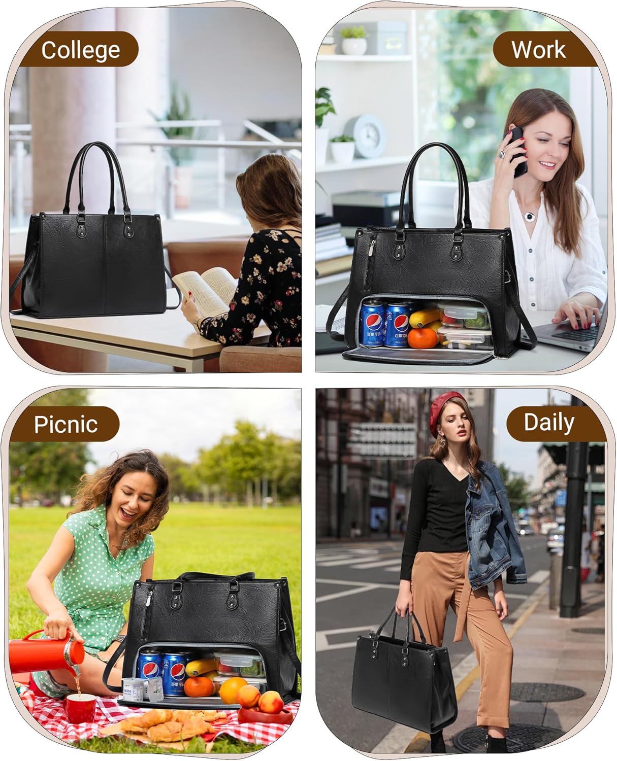 Laptop Tote Bag with Insulated Lunch Compartment for Women Work, PU Leather Lunch Bag with 15.6 Inch Computer Compartment - Image 2