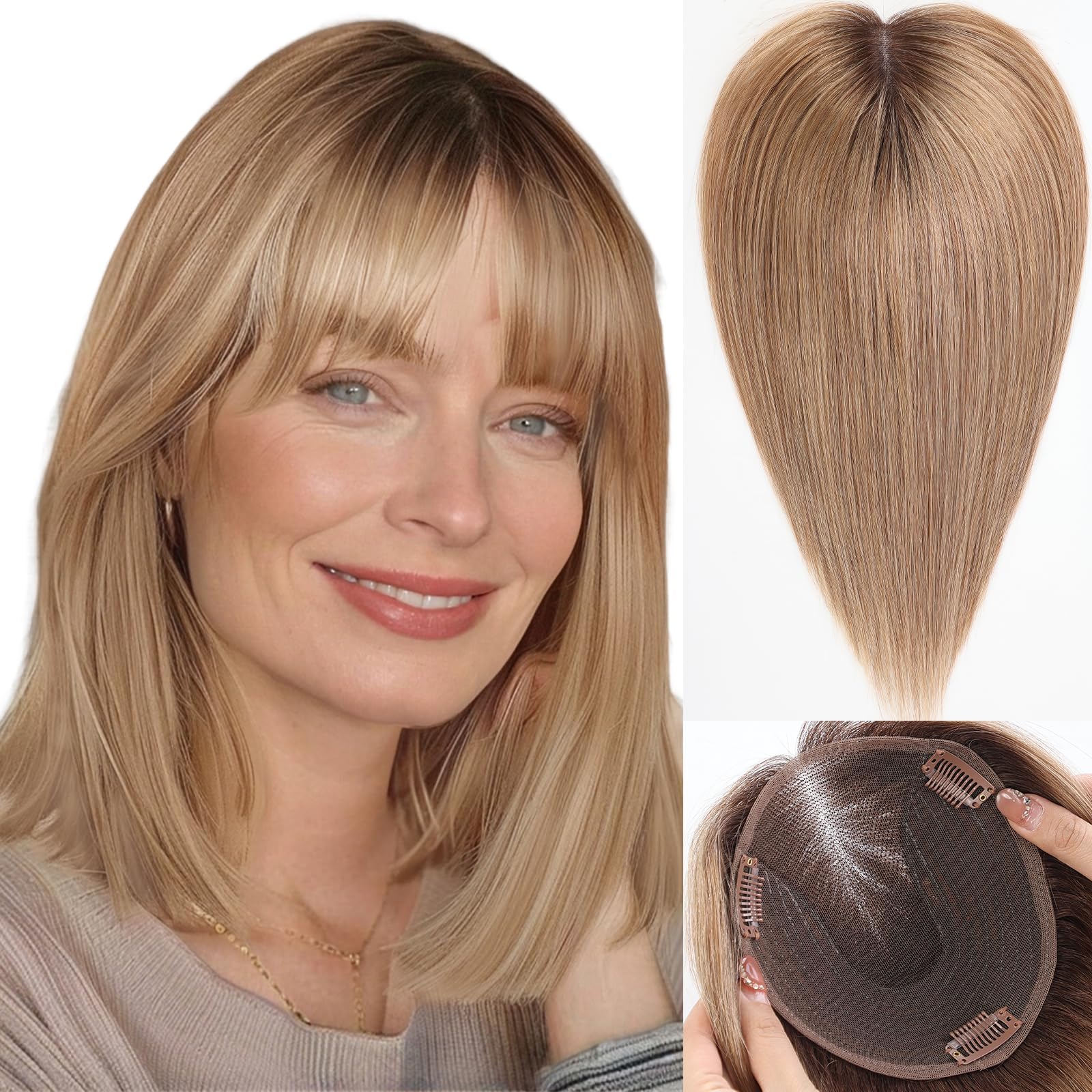 starluck 6x5 inch Large Swiss Base SilkHug 14 Inch Real Human Hair Toppers,60 Gram, 100% Real Human Hair Toppers for Women with thinning (Ombre Light Brown,with Bangs)