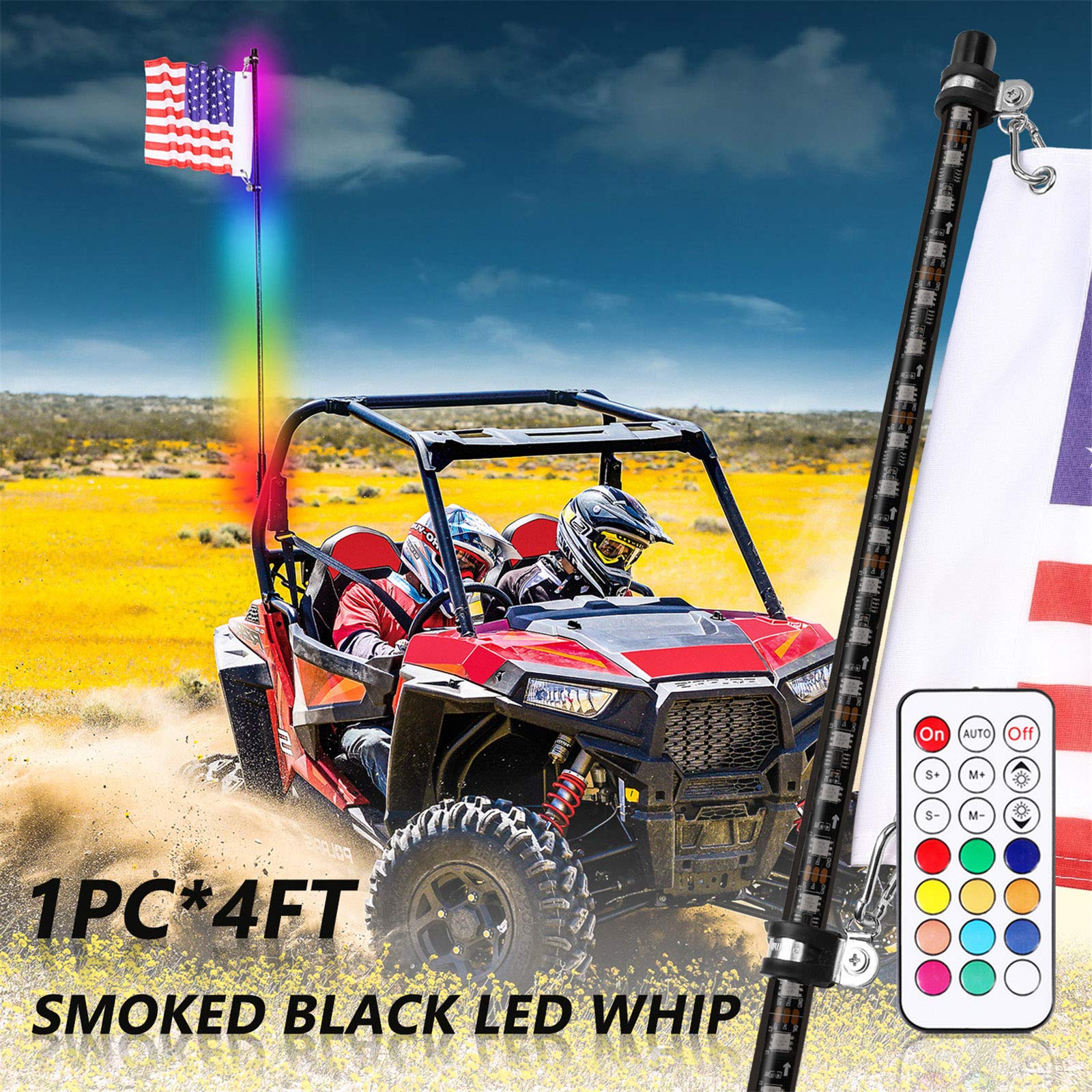 NIWAKER POWERSPORTS4ft Smoked Black LED Whip Lights with RF Remote Control RGB Chasing/Dancing Lighted Whips Antenna LED Whips for ATV UTV Polaris RZR Off Road Truck Dune Vehicle
