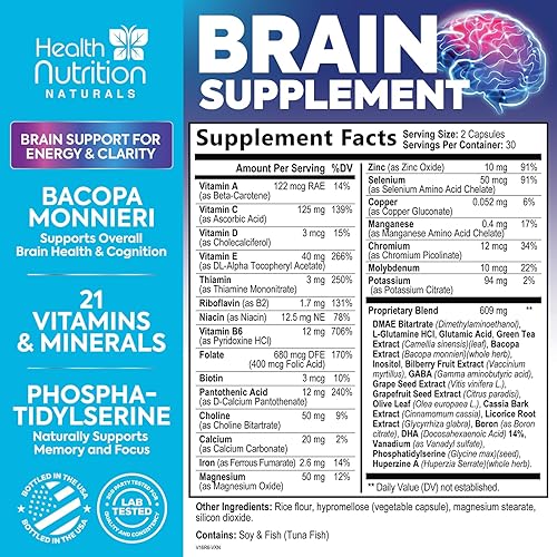 Miniatura 2 de Brain Supplements for Memory and Focus - Cápsulas nootrópicas extra fuertes para concentración, alerta, apoyo cognitivo, fosfatidilserina, vitaminas