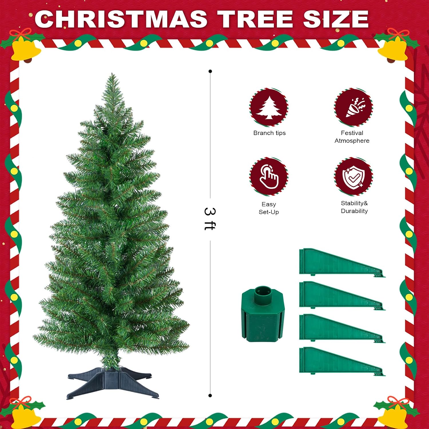 3ft Artificial Christmas Tree, Mini Xmas Pine Tree with 4-Leg Stable Plastic Base, Small Tabletop Christmas Tree for Home Office Holiday Party Indoor Decoration(Green)