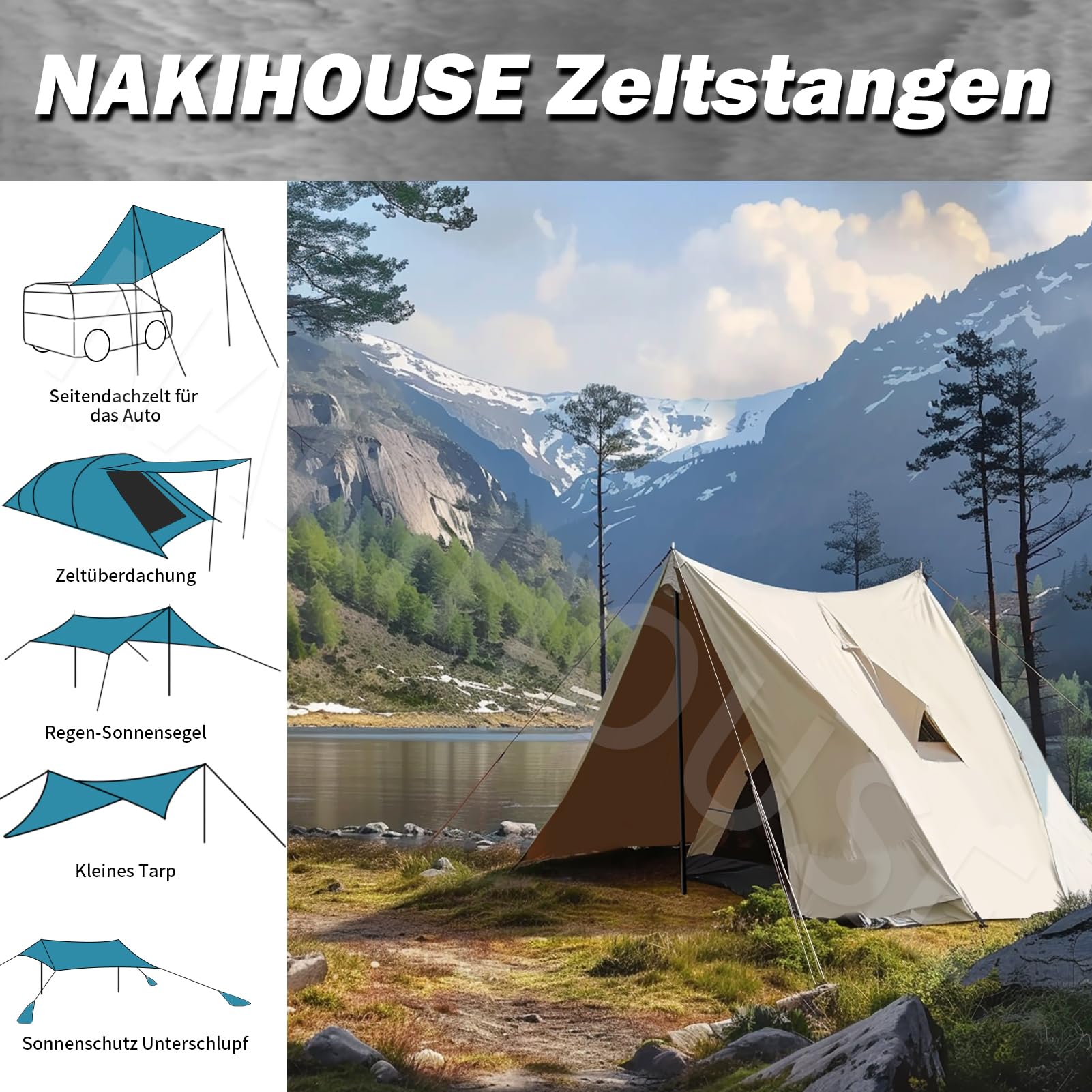2 Stück Zeltstangen mit Aufbewahrungstasche, Aluminium Zeltstange Teleskopstange für Tarp, Zelt, Sonnensegel, Camping, verstellbar von 40cm-200cm