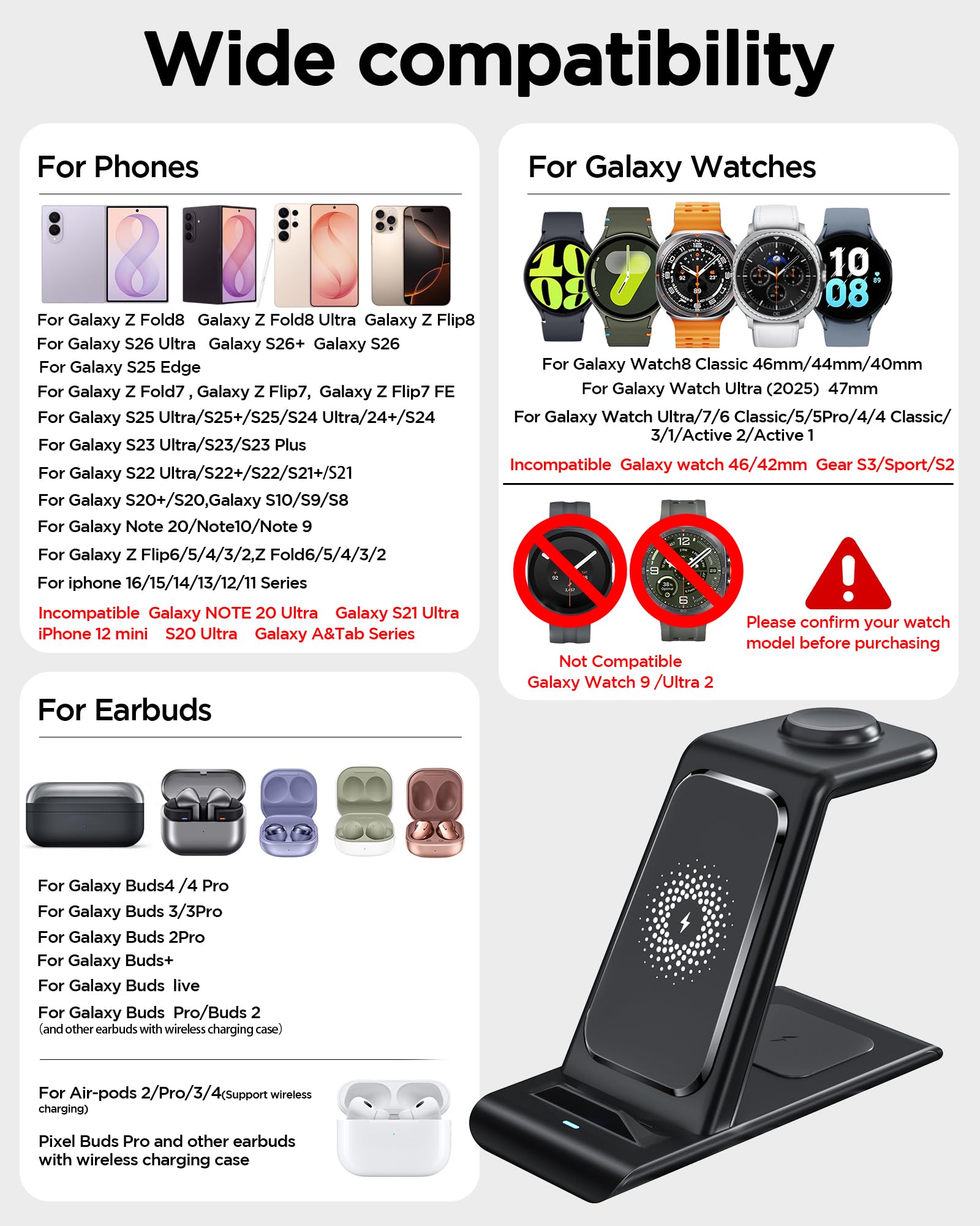 Wireless Charging Station for Samsung Wireless Charger Stand Magnet Galaxy S24 Ultra/S24/S23/S22/S21/S20/S10/Note 20/10/9/8 G
