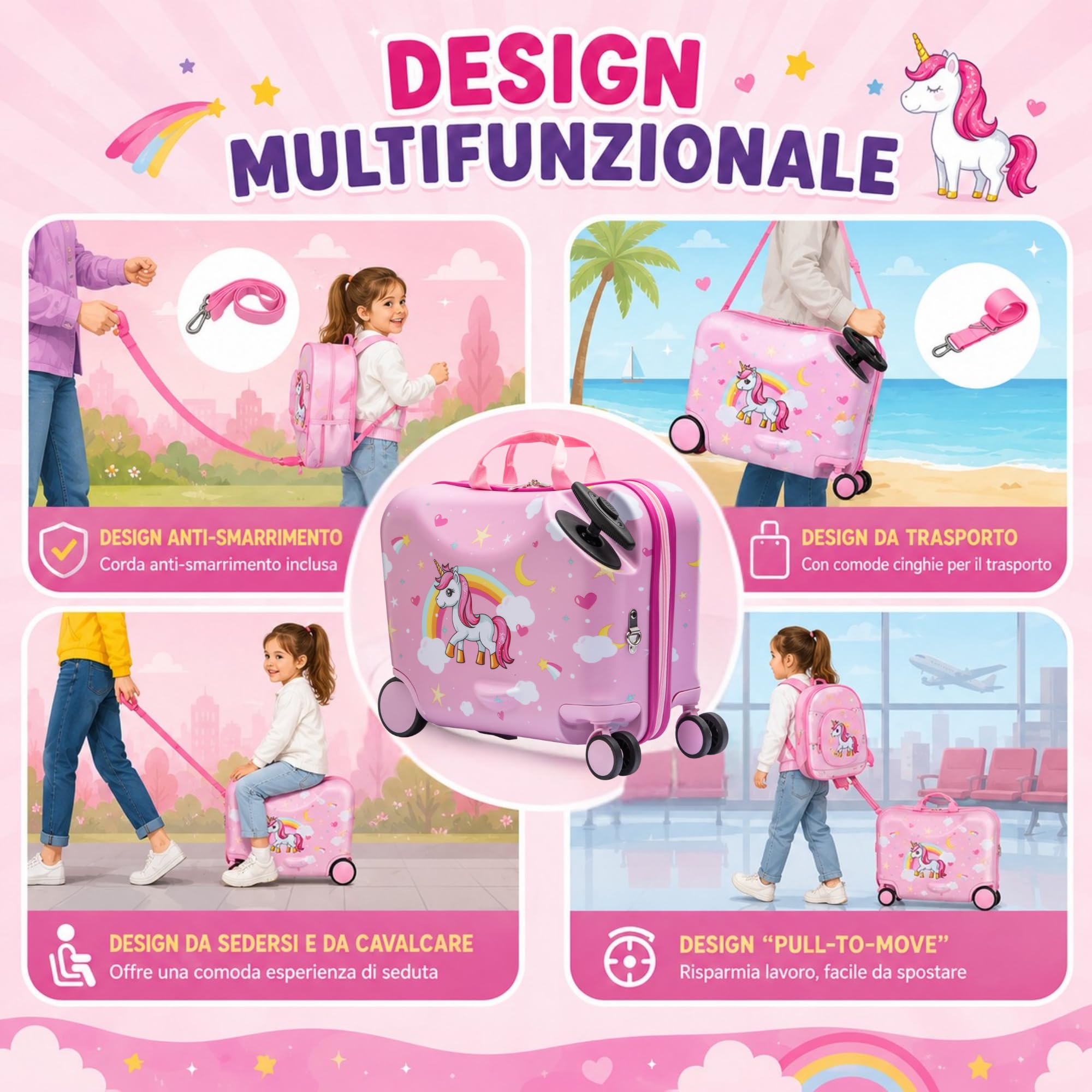 Valigia Cavalcabile per Bambini 2 in 1 con Zainetto Bagaglio a Mano Rigido 47x26x36 cm Trolley Ruote Spinner 360 Asta Telescopica Cinghia Traino Fantasia Unicorno