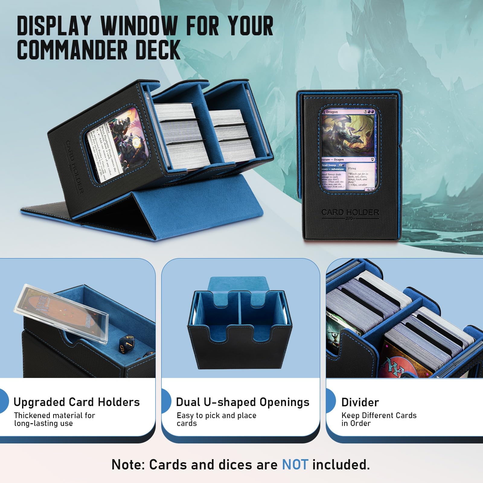 TiMOVO MTG Scatola del Mazzo di Carte Commander con Comandante del Display e Vassoio per Dadi Adatto a 400+ carte non sfoderate, Custodia magnetica in pelle per carte per TCG CCG Magic Cards,Nero+Blu