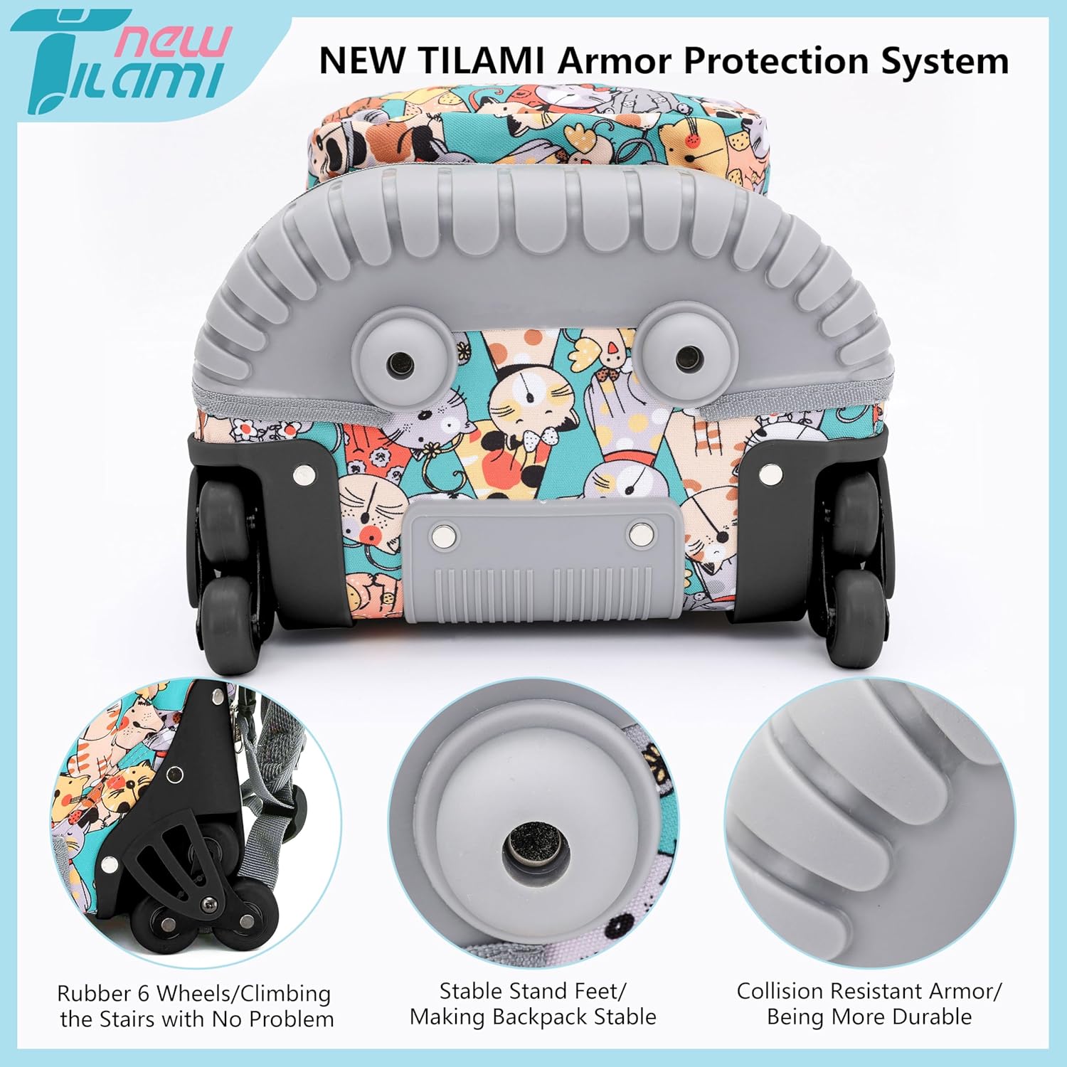 NEW TILAMI Rolling Backpack for Boy Suitcase School Adjustable Laptop Backpack with Wheels for Girl to School Travel Camping Boys Backpack Cute Cats 18 Inches - Image 4