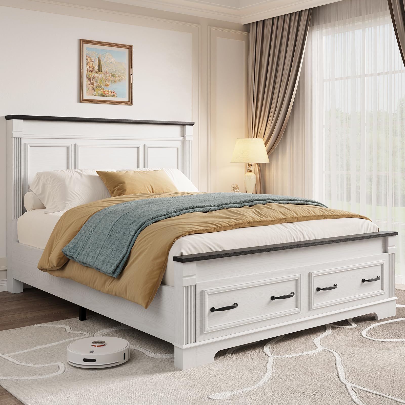 Photo 1 of ****FINAL SALE NO RETURN******UPDATED 5/15*** Farmhouse Queen Bed Frame with 51 inch Tall Headboard,Wood Platform Bed Frame 2 Wooden Storage Drawers 20" Tall Roman Column Decoration Footboard,Traditional Bed No Box Spring Needed-Antique White