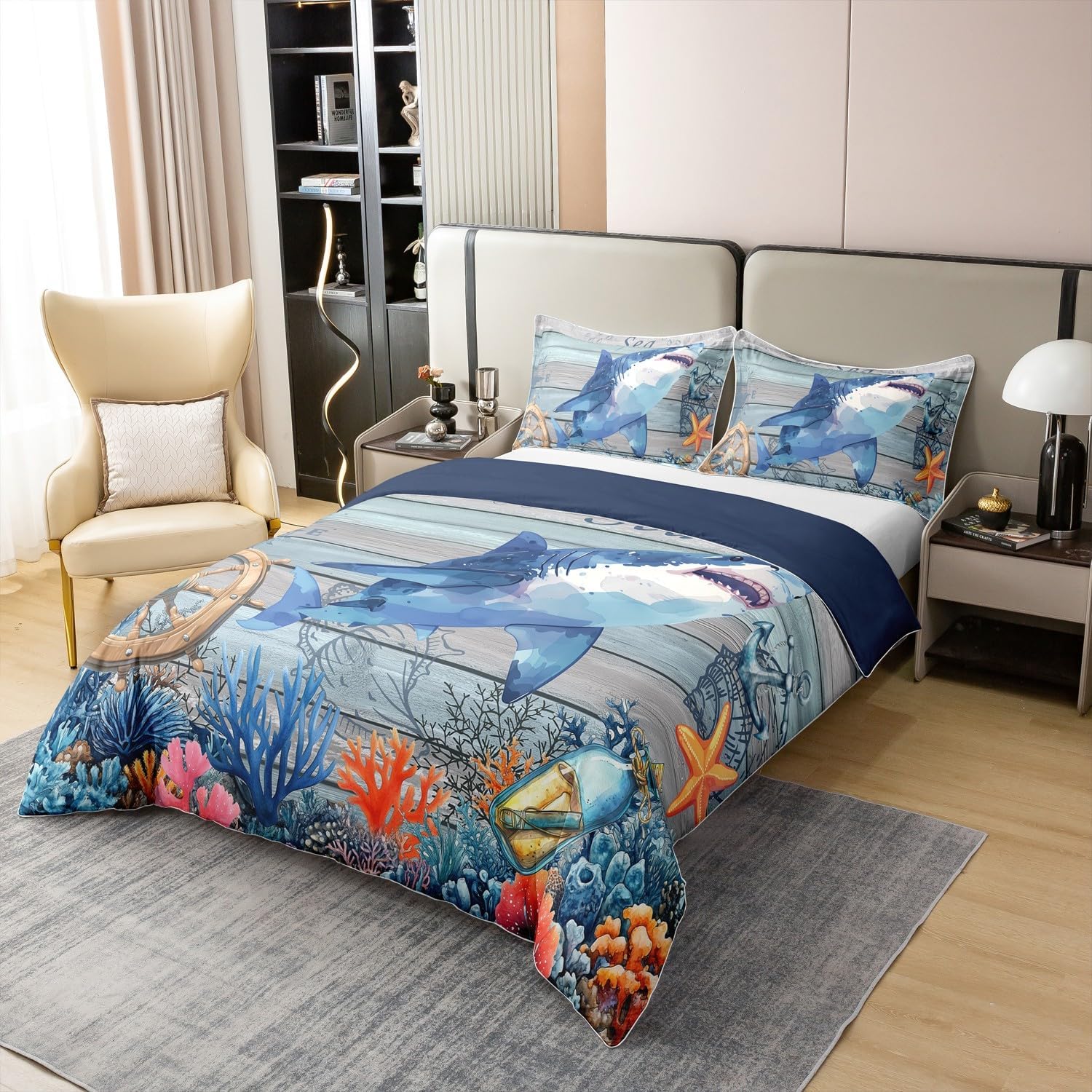 Ocean Shark Duvet Cover Twin Size for Kids Boys Teens,Watercolor Underwater Animals Plants 2PCS Duvet Cover,Rustic Wooden Stripes Comforter Cover (Not Comforter),Coastal Summer Quilt Cover