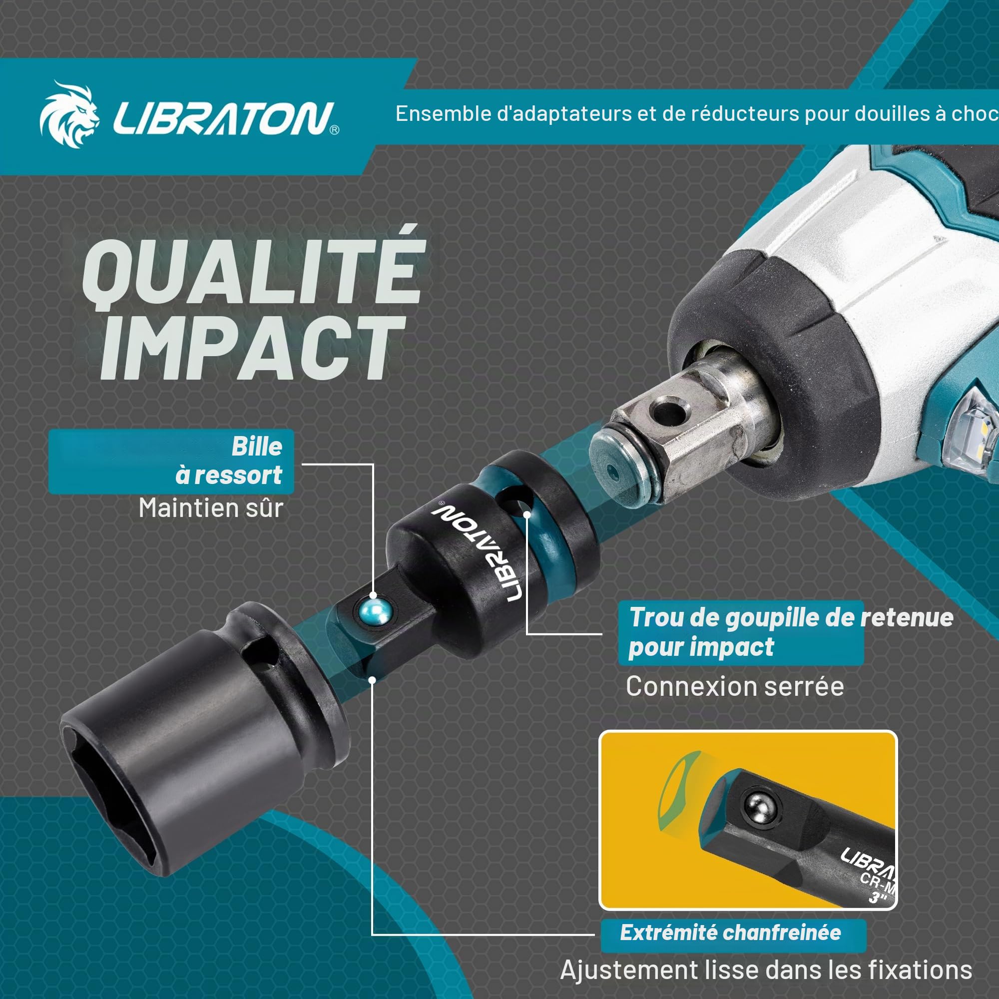 LIBRATON Lot de 11 adaptateurs et réducteurs de douilles à choc avec fonction pivotante – Convertisseurs hexagonaux 1/4 pour réparation automobile – Boîte moulée par soufflage