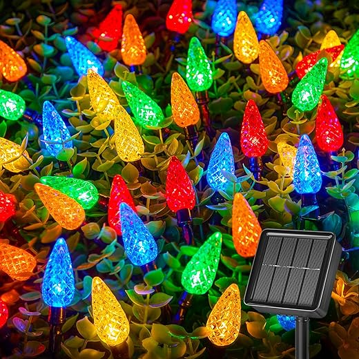 Brightown LED C6 Solar String Lights Outdoor Waterproof Fairy Lights, 22.64ft 50 LEDs Multicolor Solar Christmas Lights Outdoor, Christmas Decorations for Christmas Garden Yard Fence Patio Party Decor