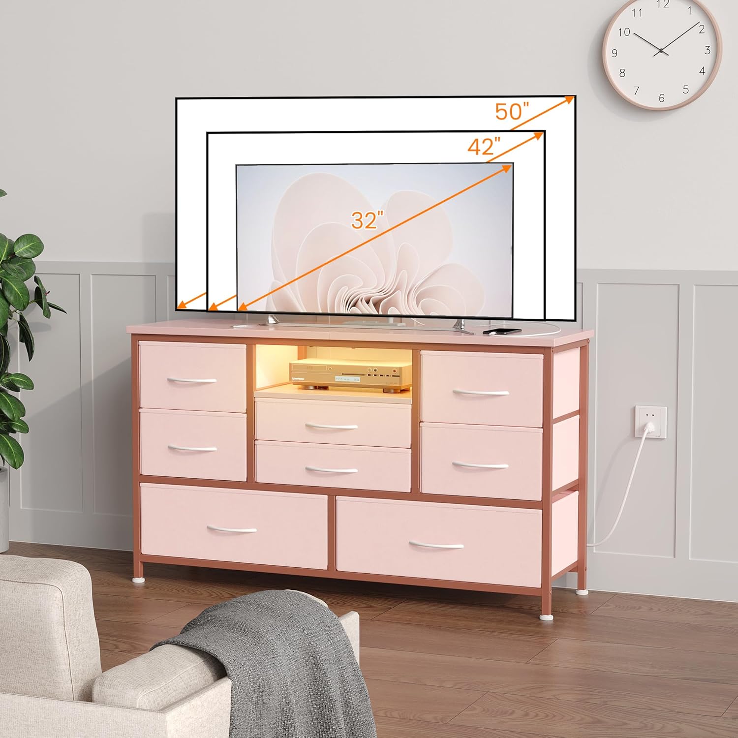 8-Drawer Iron + MDF + PB + Cationic Fabric TV Stand with 2 Power Outlets, 5-Foot Power Cords, RGB LED with 22 Display Modes, Lightweight & Portable Design, Large Storage Space with Deep Drawers