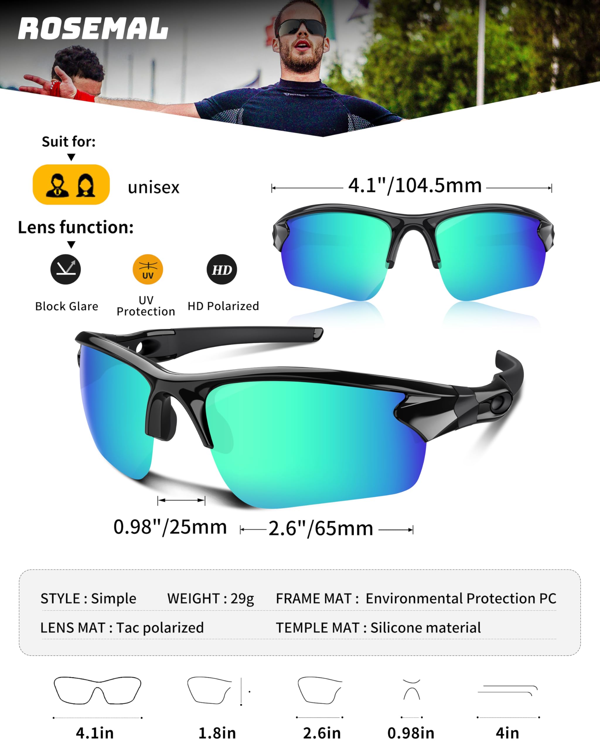 Rosemal Occhiali da sole polarizzati uomo donna occhiali da sole per corsa sport ciclismo guida pesca baseball golf TAC UV400 TR90