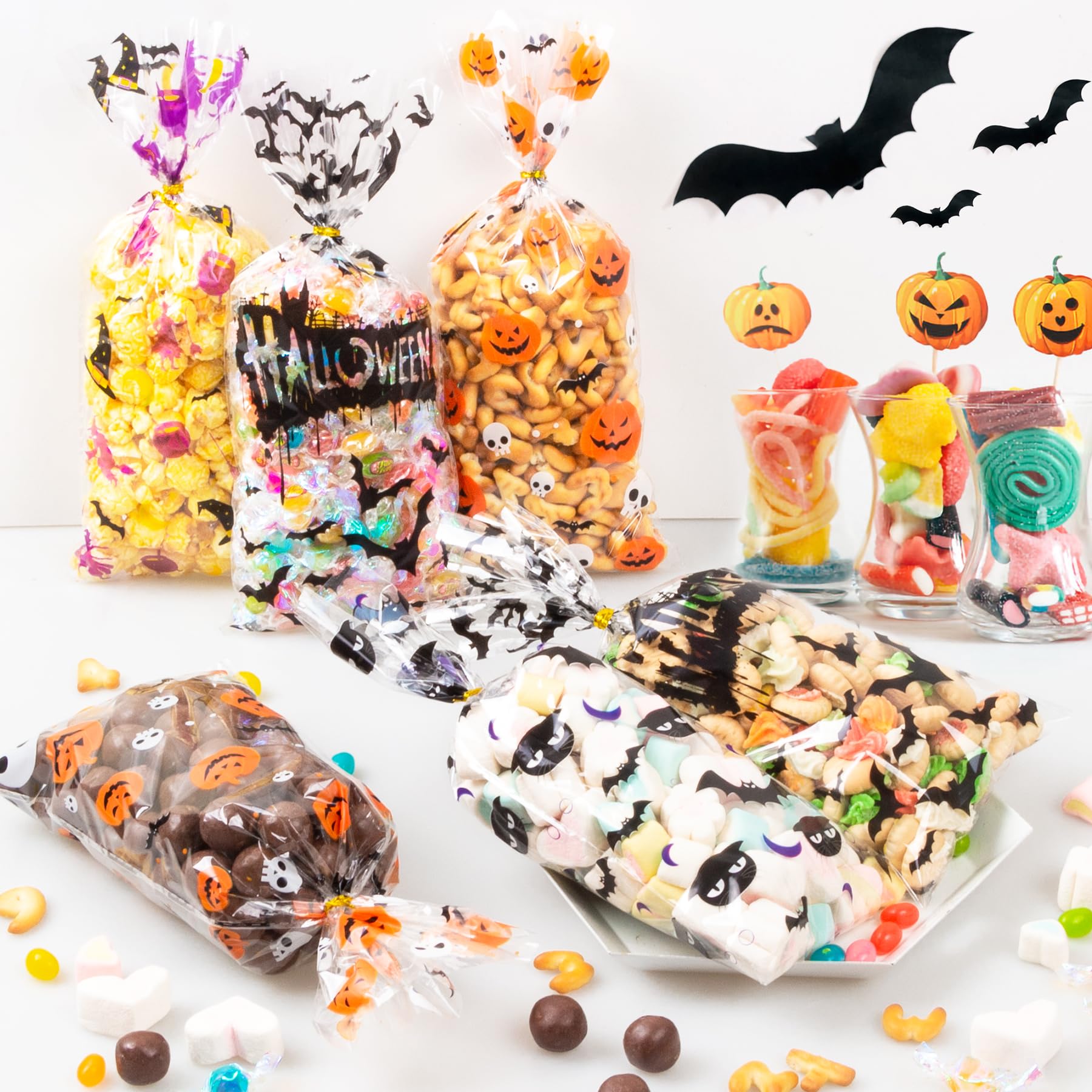 RICEDUO Torebki na słodycze na Halloween, 100 sztuk, przezroczyste torebki na słodycze, słodkie słodycze, torebki na prezent z twist krawaty, torebki na Halloween, upominki dla dzieci, Halloween