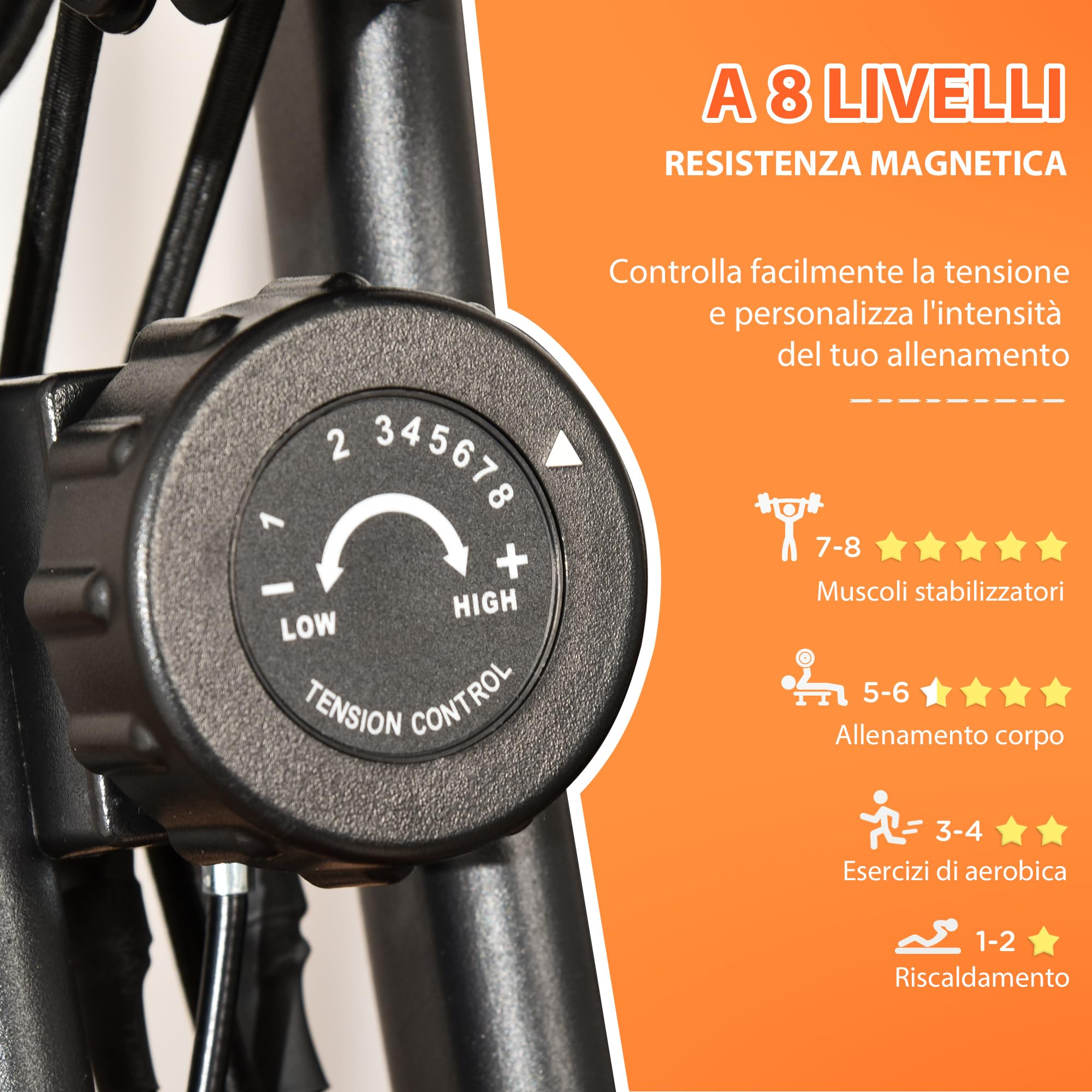 HOMCOM Cyclette Pieghevole 2 in 1, Resistenza Magnetica Regolabile 8 Livelli, Cyclette da Casa Silenziosa con Sensore Cardiaco, Sedile Regolabile, Bande Elastici, Schermo LCD, Ruote