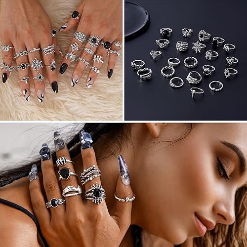 Vista 2 de CHICUTIE Juego de anillos de nudillos plateados vintage para mujer, retro, apilables, góticos, estéticos, punk, articulación, dedo, anillo