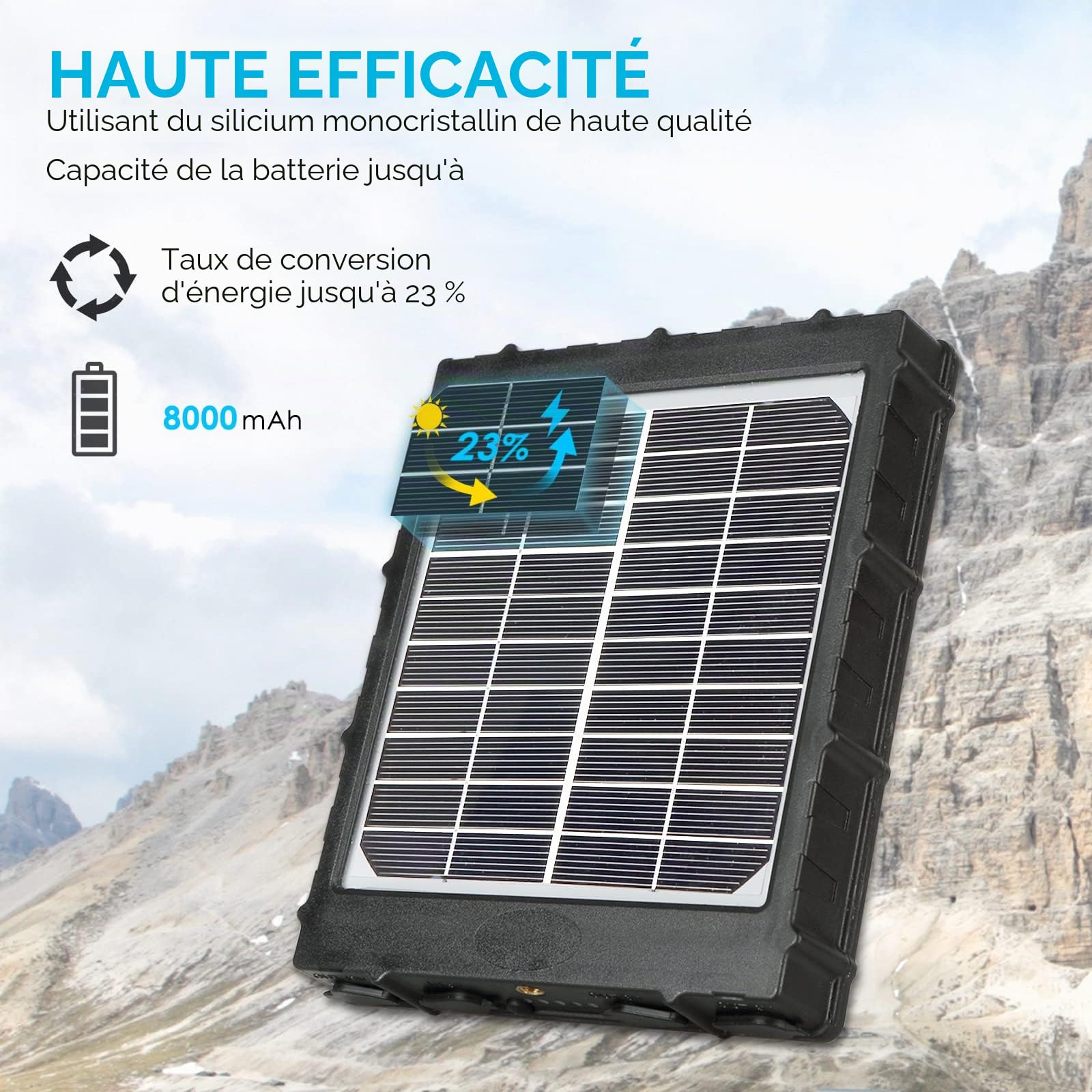Capacité du Panneau Solaire Camera Exterieur 3W 8000mAh 12V/1.2A, 9V/1.6A, 6V/2.4A Sortie, 5V/2A Entrée, Étanche IP66 Alimentation Portable Rechargeable pour Caméras de Chasse en Extérieur