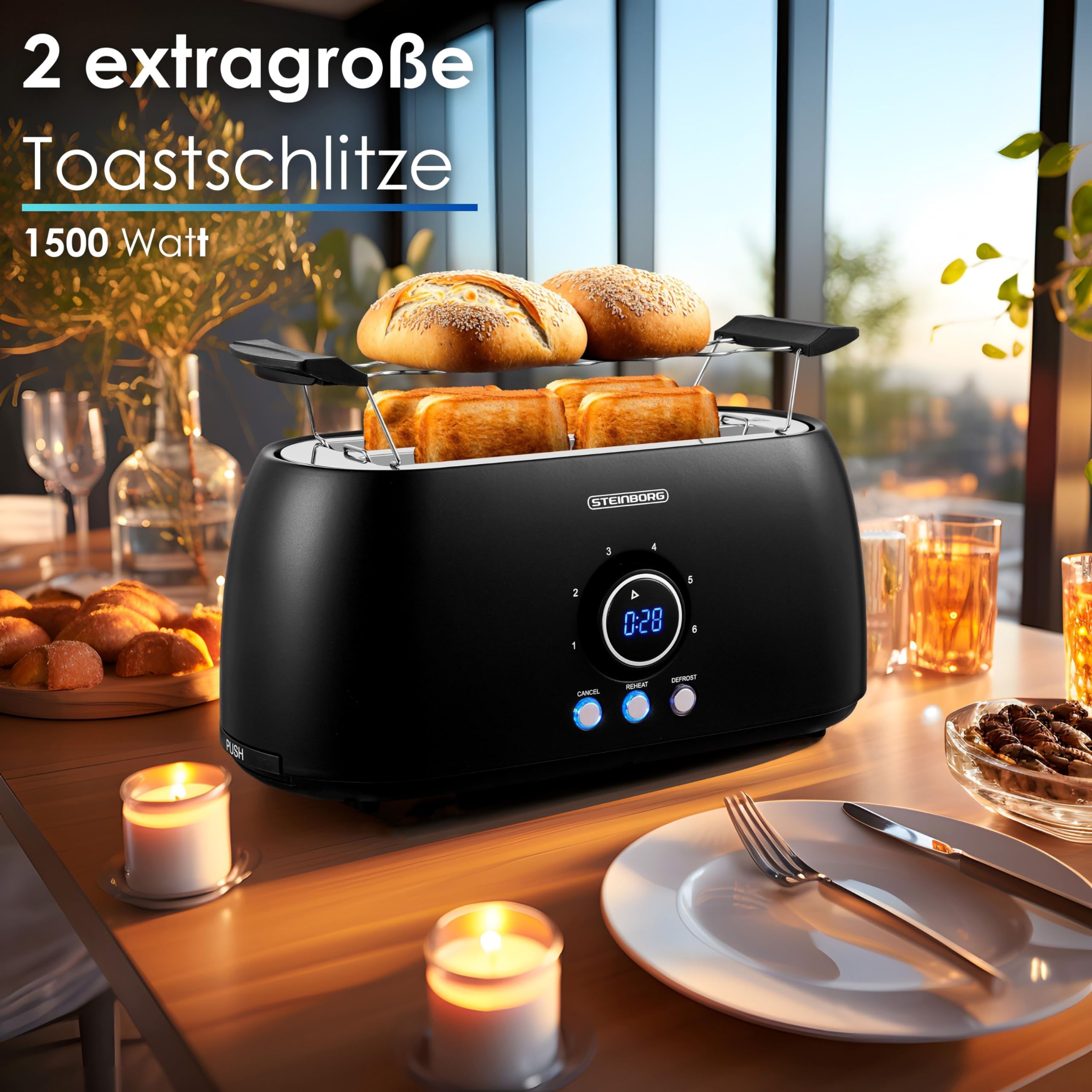 Tostapane XXL 4 fette nero display digitale grande, elegante, ampio, lungo con inserto per panini, stretto, spegnimento automatico