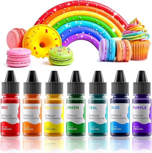 Oil Based Food Coloring for Chocolate Rainbow Oil Edible Food Dye Set for Halloween Baking Royal Icing Cookie Supplies Gluten Free 7x6ml Food Grade Food Color Kit, 0.25 Fl. Oz/Bottles