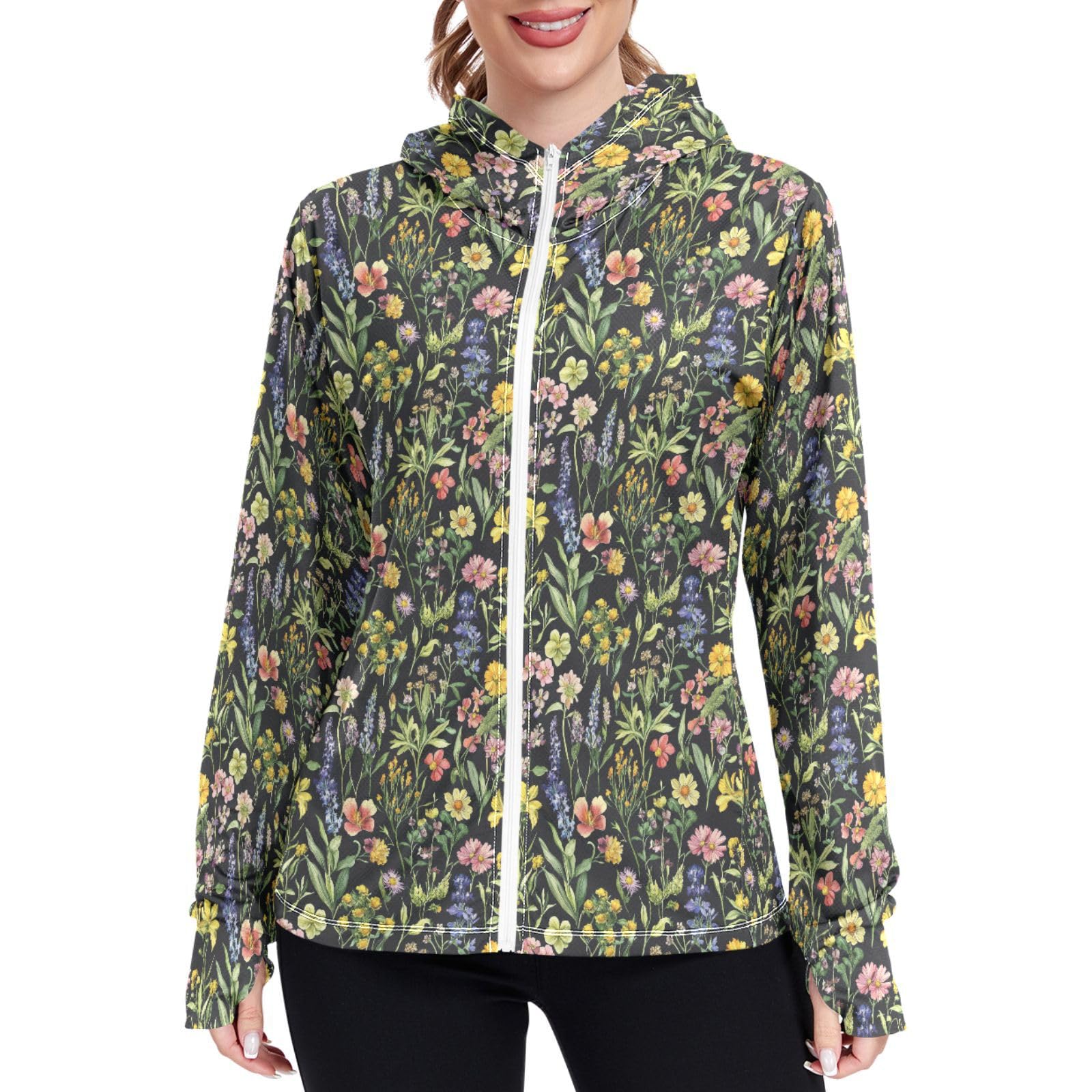 Women Sun Protection Lightweight Hoodie Jacket Zip Up Jackets for Women UPF 50+ Clothing for Hiking Golf Running L Cute Wildflorals