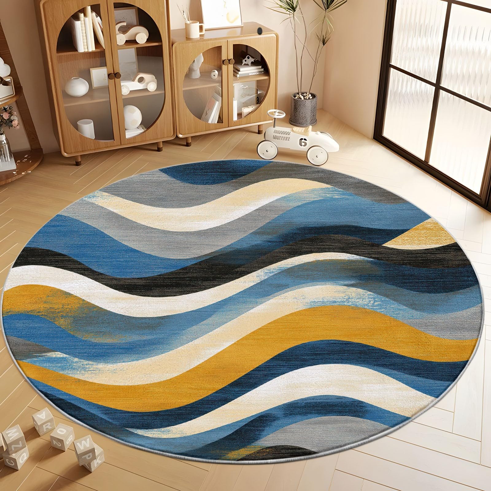 Tapis Rond Imprimé Abstrait Dessiné À La Main Vagues Géométrique Salon, Lavable Doux Gris-Bleu Tapis de Sol Décoration Antidérapant pour Chambre Salon Cuisine Balcon Bureau 100 cm