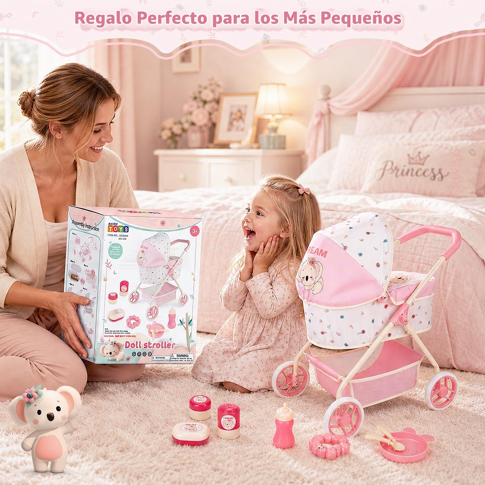 deAO Carrito de Muñecas 2 en 1 con Capazo Extraíble y Capota Ajustable
