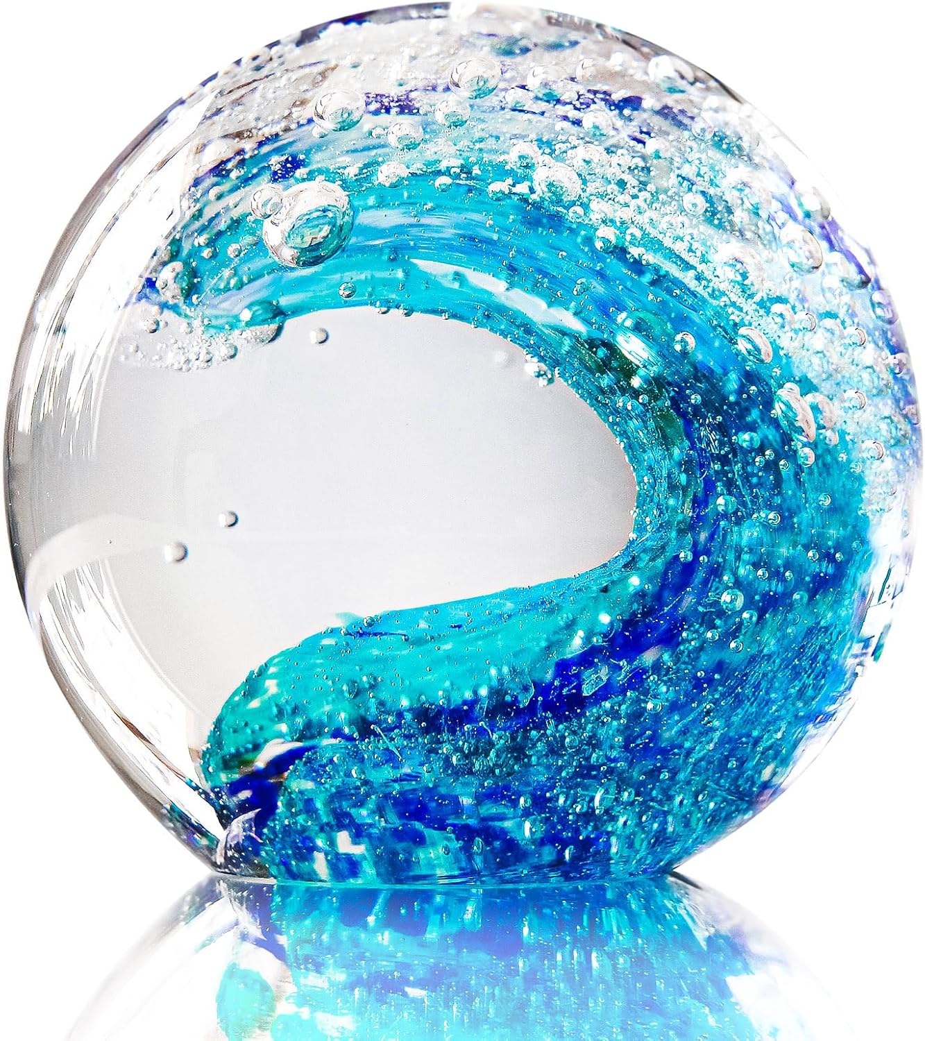 Hand-Blown Glass Ocean Wave Paperweight, 3.15" Solid Art Sculpture, Deep Teal & Royal Blue Nautical Desk Decor, Coastal Table Centerpiece Collectible (3.15" Teal & Royal Blue)