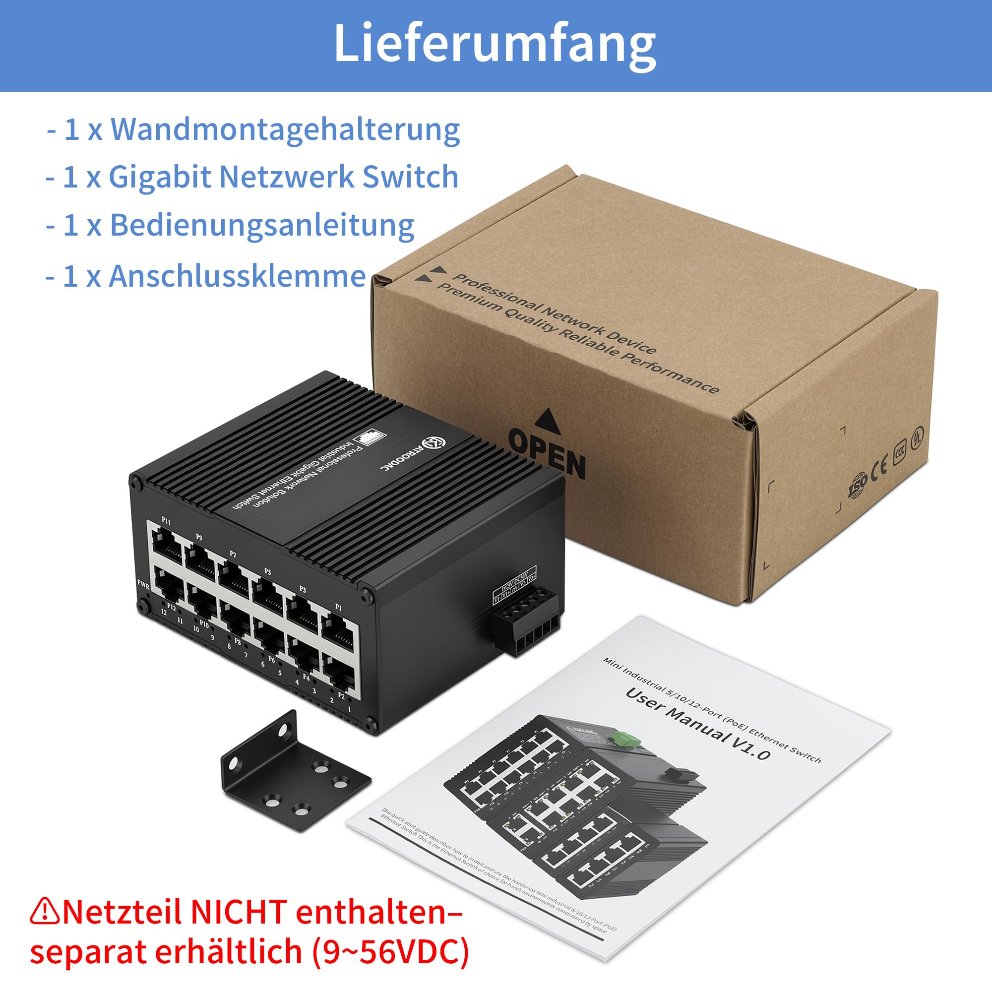12-Port Gigabit Industrie DIN-Schiene & Wandmontage Ethernet Switch, 20Gbit/s Switching-Kapazität, 10/100/1000Mbps, Redundanz 9-56VDC, -40°C ~ 75°C, Unmanaged IP40, Metallgehäuse