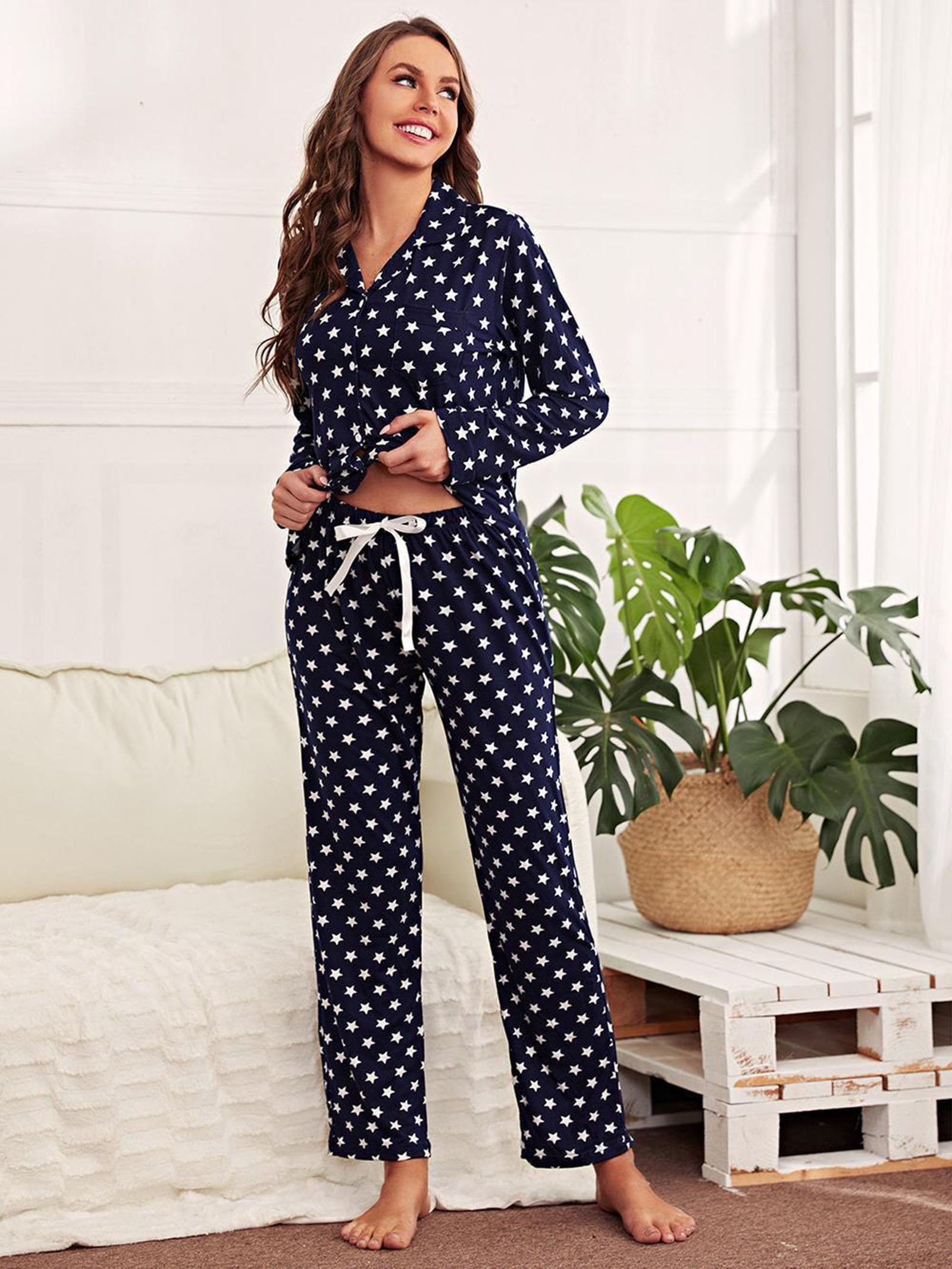 Femmes Pyjamas Set Notch Collar Sleepwear Pjs Long Sleeve Button Down Nightwear with Long Pants