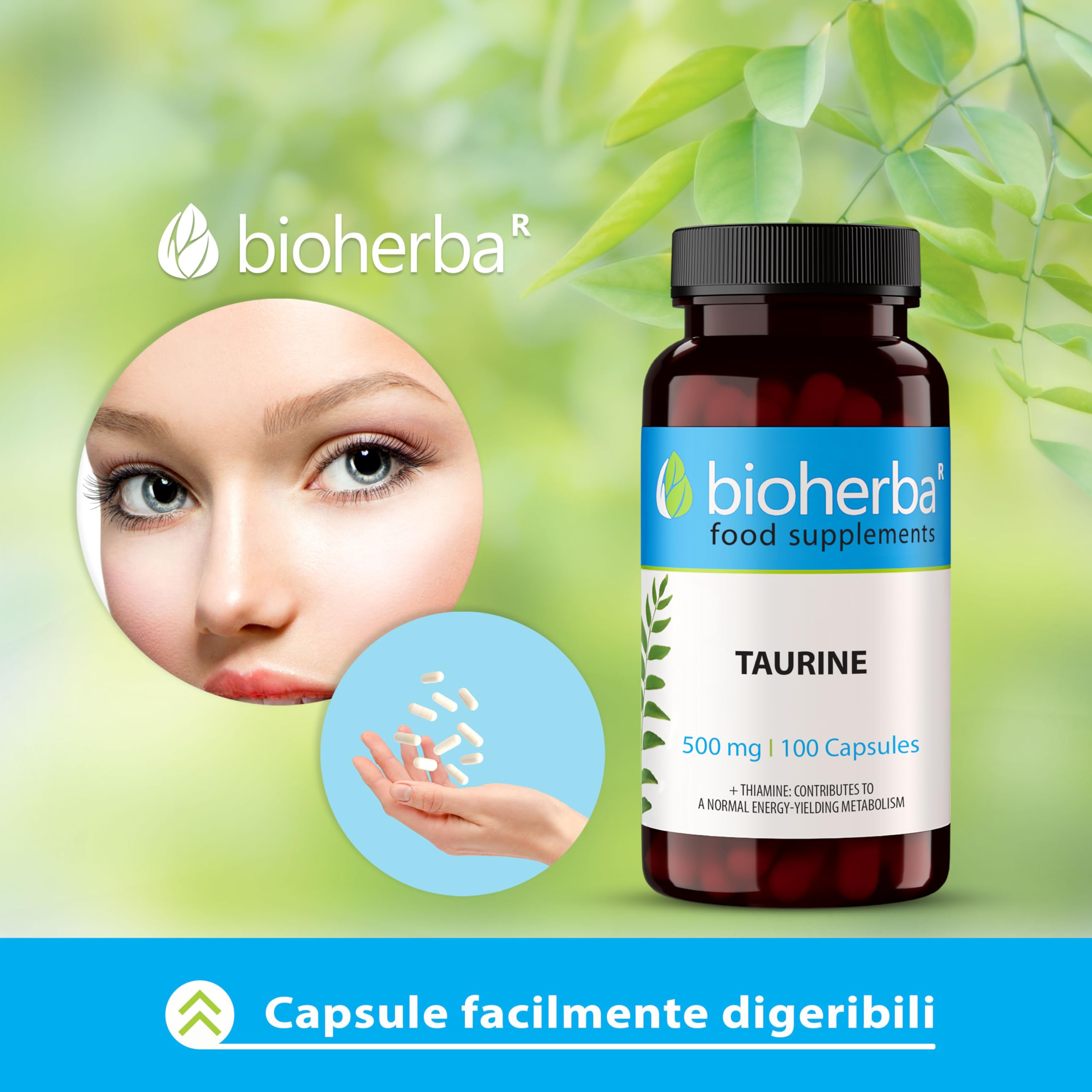 TAURINA Capsule 500 mg - 100 pezzi | Nutrimento per Pre e Post Allenamento | Senza Stearato di Magnesio o Caffeina di BIOHERBA
