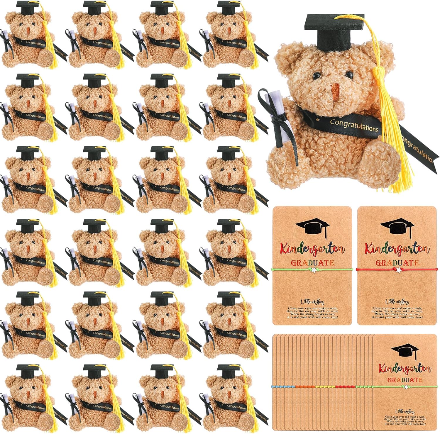 50 Pcs 2026 Kindergarten Graduation Bear Bulk Set with 25 Graduation Gift Mini Stuffed Bears 25 Wish Bracelet Organza Bag Card for Kid Child Kindergarten Class of 2026 Party Favors(Blue)