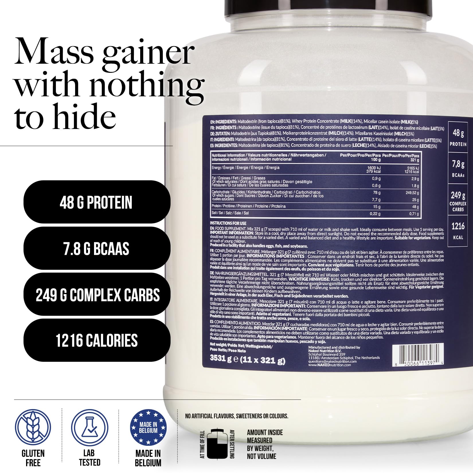 NAKED Mass – naturalny, bezsmakowy proszek białkowy na przyrost masy ciała - 3531 g - bez GMO, glutenu i soi. Nie zawiera sztucznych składników. 1216 kalorii w jednej porcji.