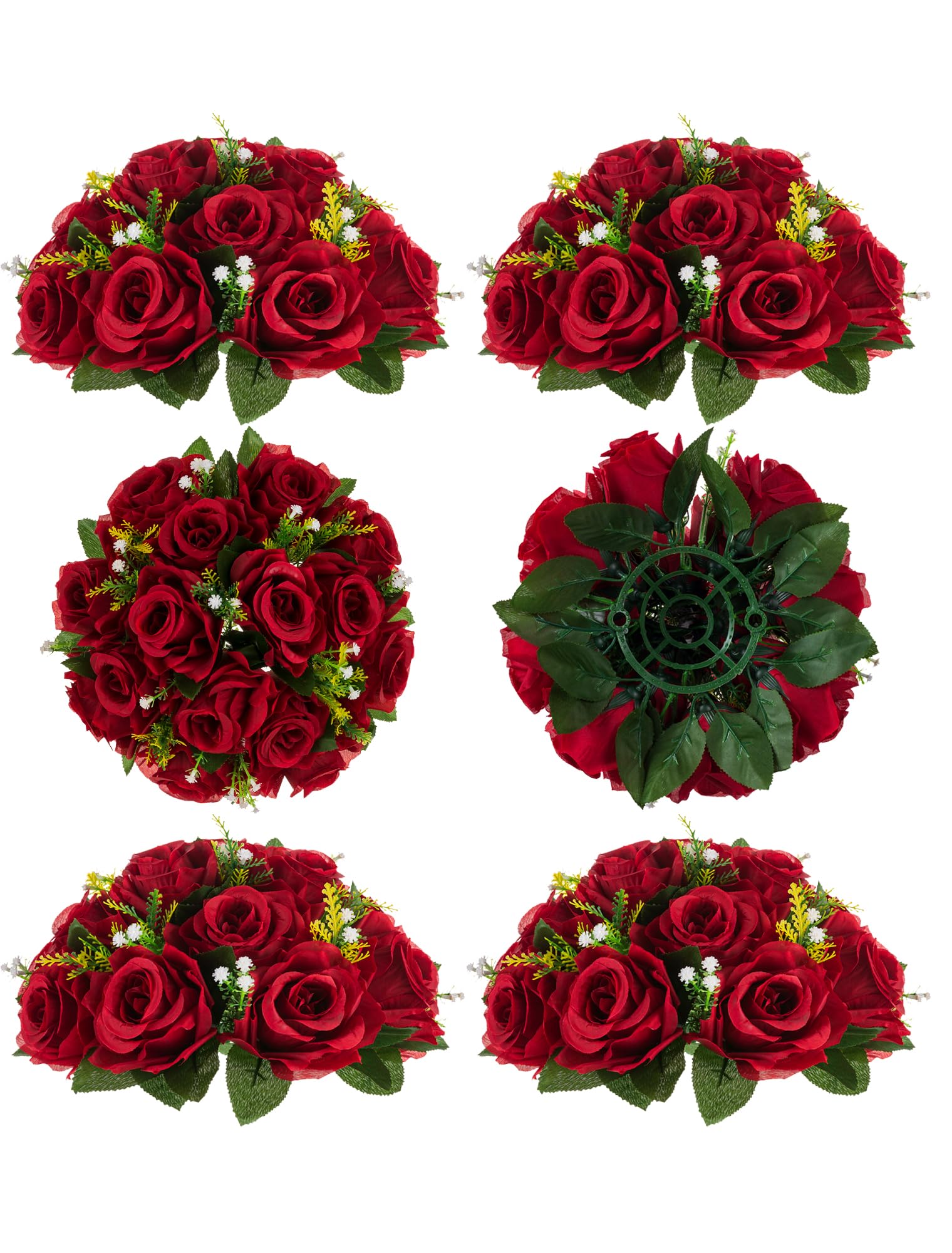 BLOSMON Flower Centerpieces for Tables Wedding 6 Pcs Crismon Fake Flowers with Base Rose Balls Arrangement Bouquet Floral Centerpiece Artificial Wedding Center Pieces of Home Party Decor