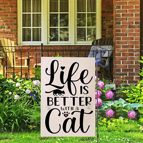 Miniatura 7 de Bandera de jardín con diseño de gato Life is Better with Cat Yard Sign de arpillera de 12.5 x 18 pulgadas, divertidas banderas de patio de doble