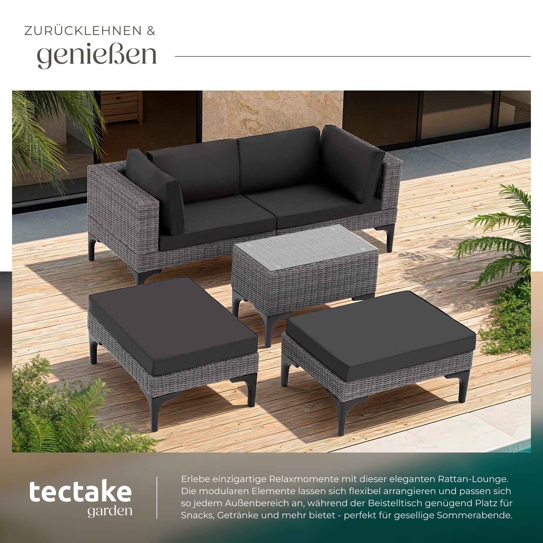 tectake® Outdoor Rattan Lounge, 5-teiliges Gartenmöbel Sofa Set mit Aluminium Gestell, frei kombinierbar, mit Ecksessel, Hocker, Tisch, Gartenlounge, inkl Sitz- und Rückenkissen - grau