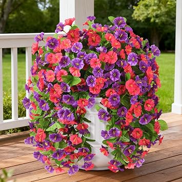 INQCMY Artificial Flowers for Outdoor Spring Summer Decoration Faux Silk Morning Glory Fake Hanging Flowers UV Resistant Look Real for Home Porch Hot Pink&Orchid-2B