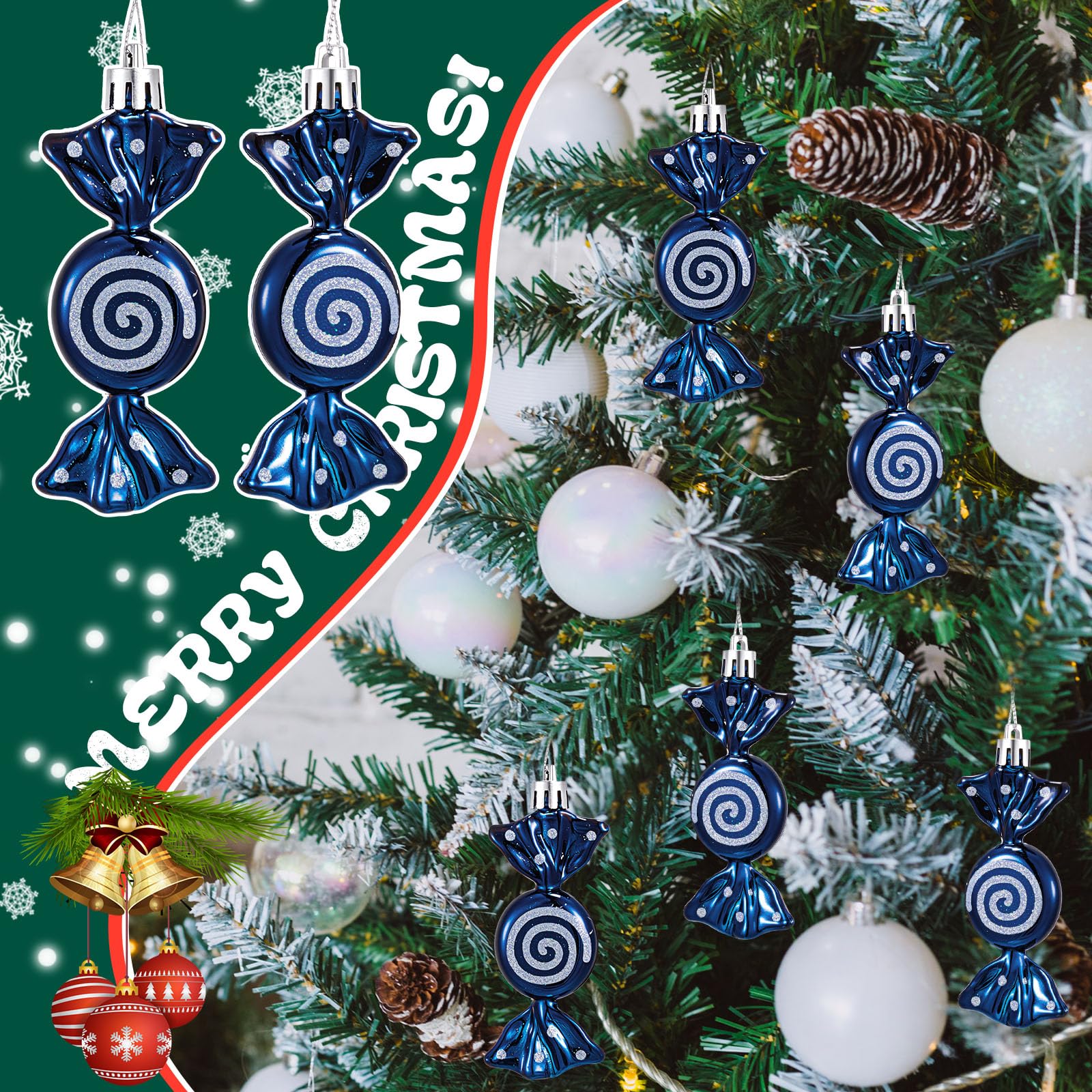 Threan 12 Pcs Christmas Candy Ornaments for Tree Decoration Hanging Glitter Candy Cane Christmas Peppermint Ornament with Golden Rope for Xmas Holiday Decoration(Dark Blue,Plastic) - Image 4